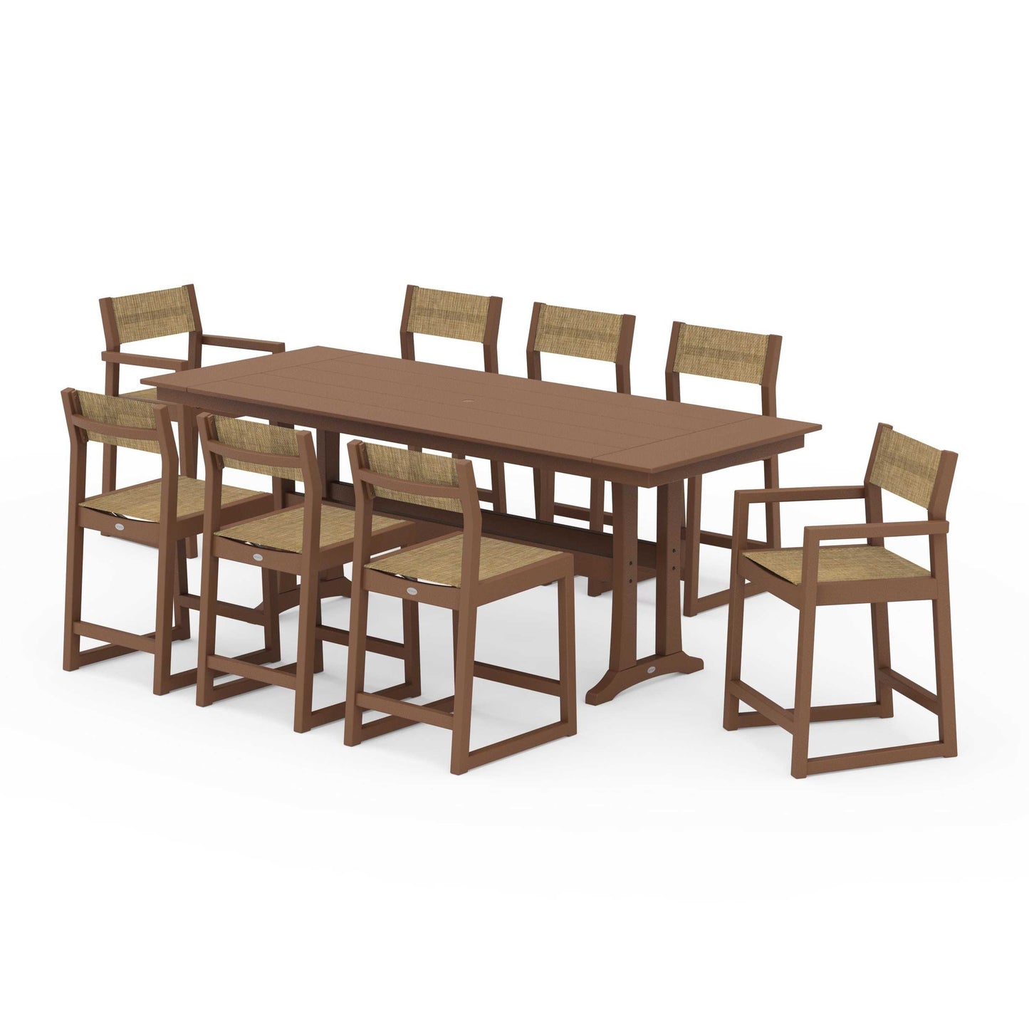 POLYWOOD EDGE Sling 9-Piece Farmhouse Counter Set with Trestle Legs — Teak / Burlap Sling
