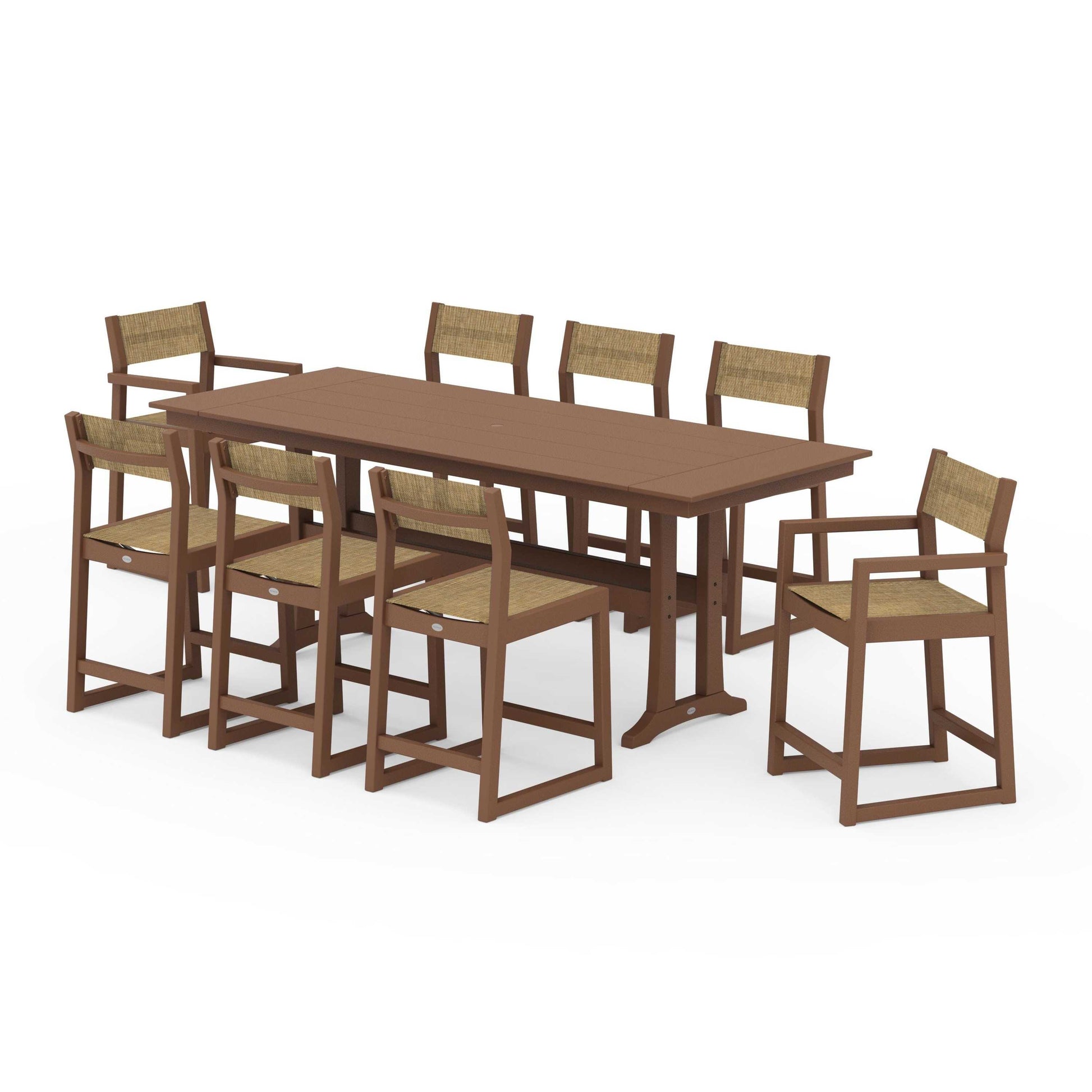 POLYWOOD EDGE Sling 9-Piece Farmhouse Counter Set with Trestle Legs — Teak / Burlap Sling