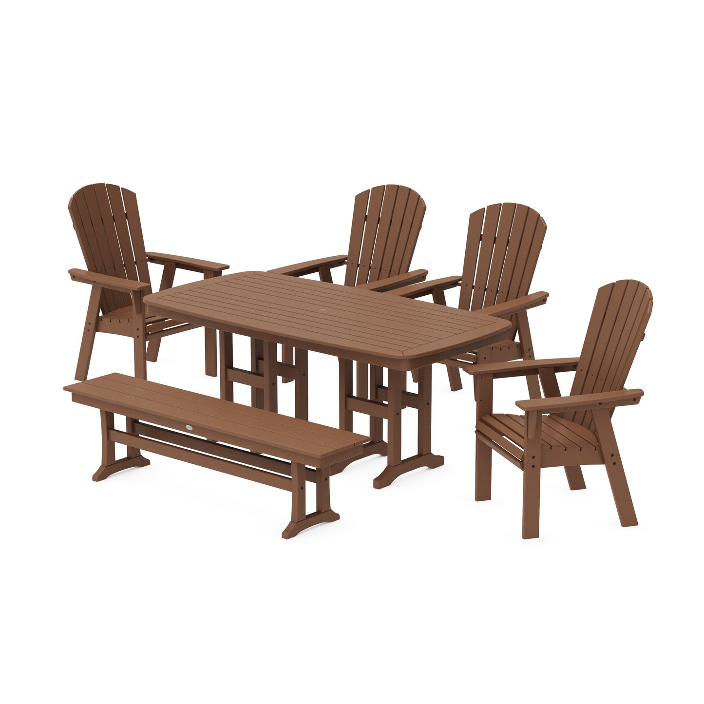 POLYWOOD Nautical Curveback Adirondack 6-Piece Dining Set with Bench — Teak