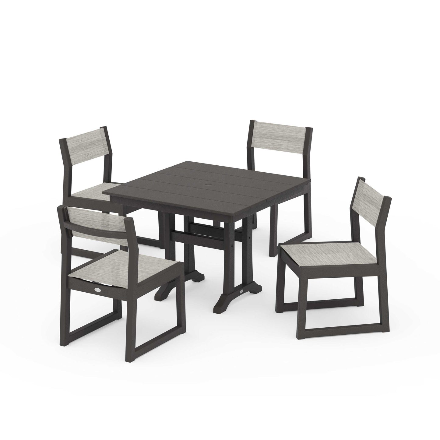 POLYWOOD EDGE Sling 5-Piece Farmhouse Trestle Side Chair Dining Set — Vintage Coffee / Birch Sling
