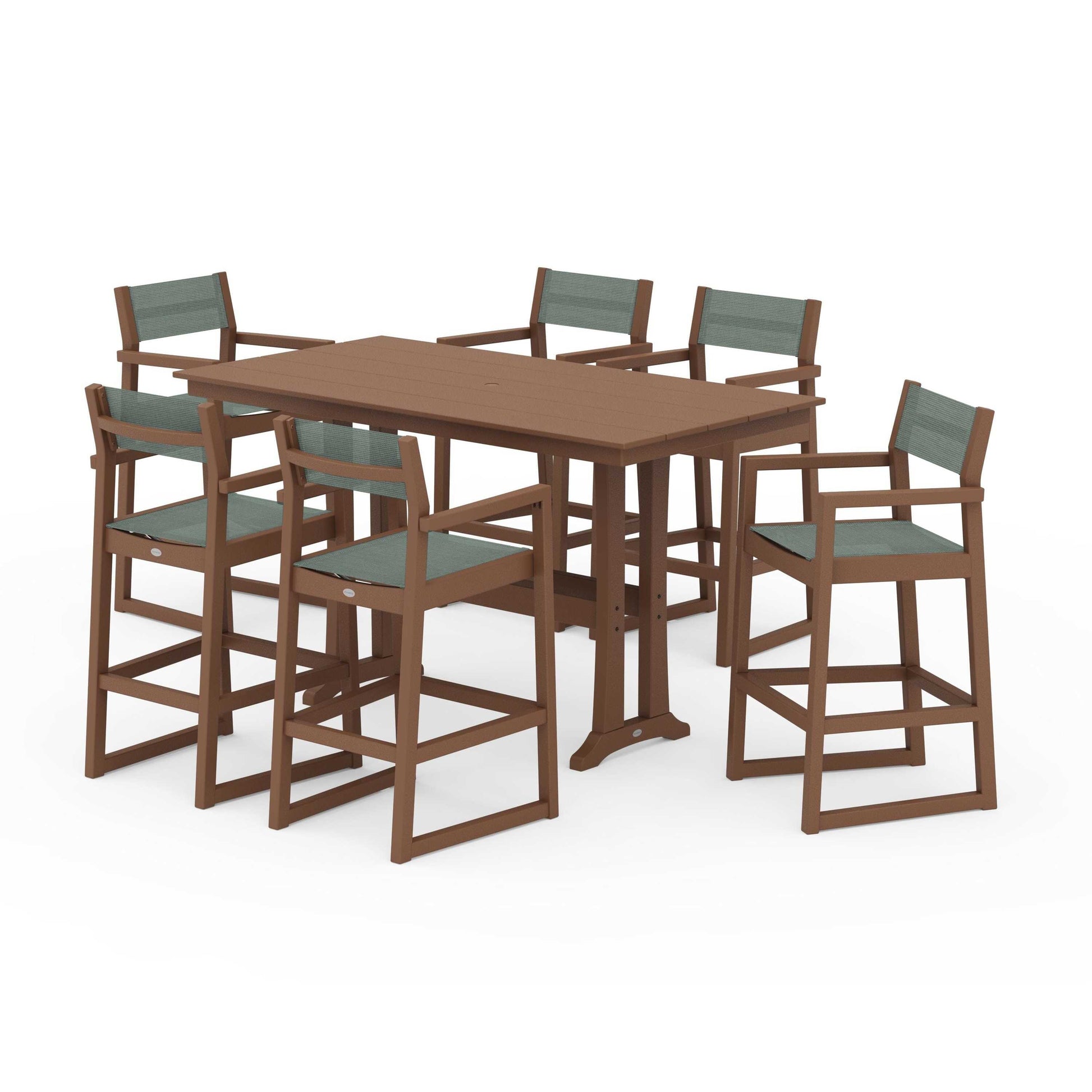 POLYWOOD EDGE Sling Arm Chair 7-Piece Farmhouse Bar Set with Trestle Legs — Teak / Dupioni Sea Mist Sling