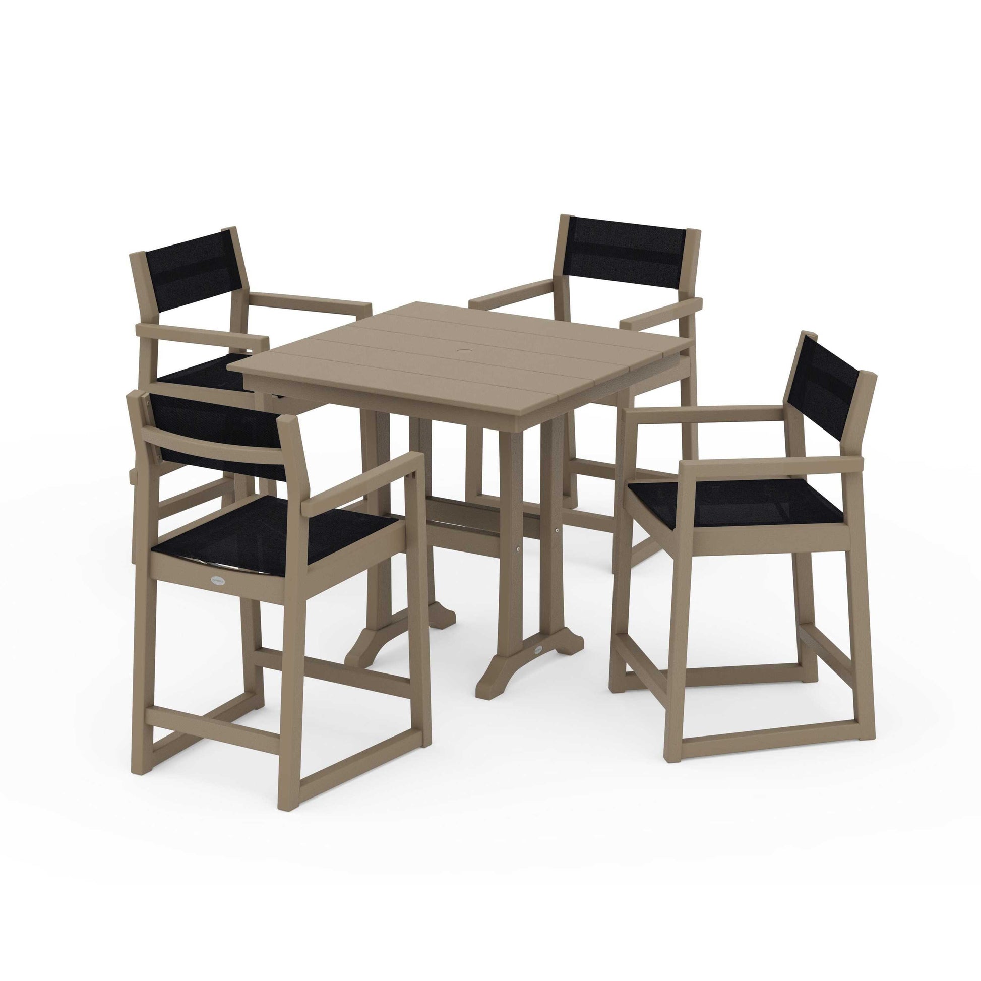 POLYWOOD EDGE Sling Arm Chair 5-Piece Farmhouse Counter Set with Trestle Legs — Vintage Sahara / Black Sling