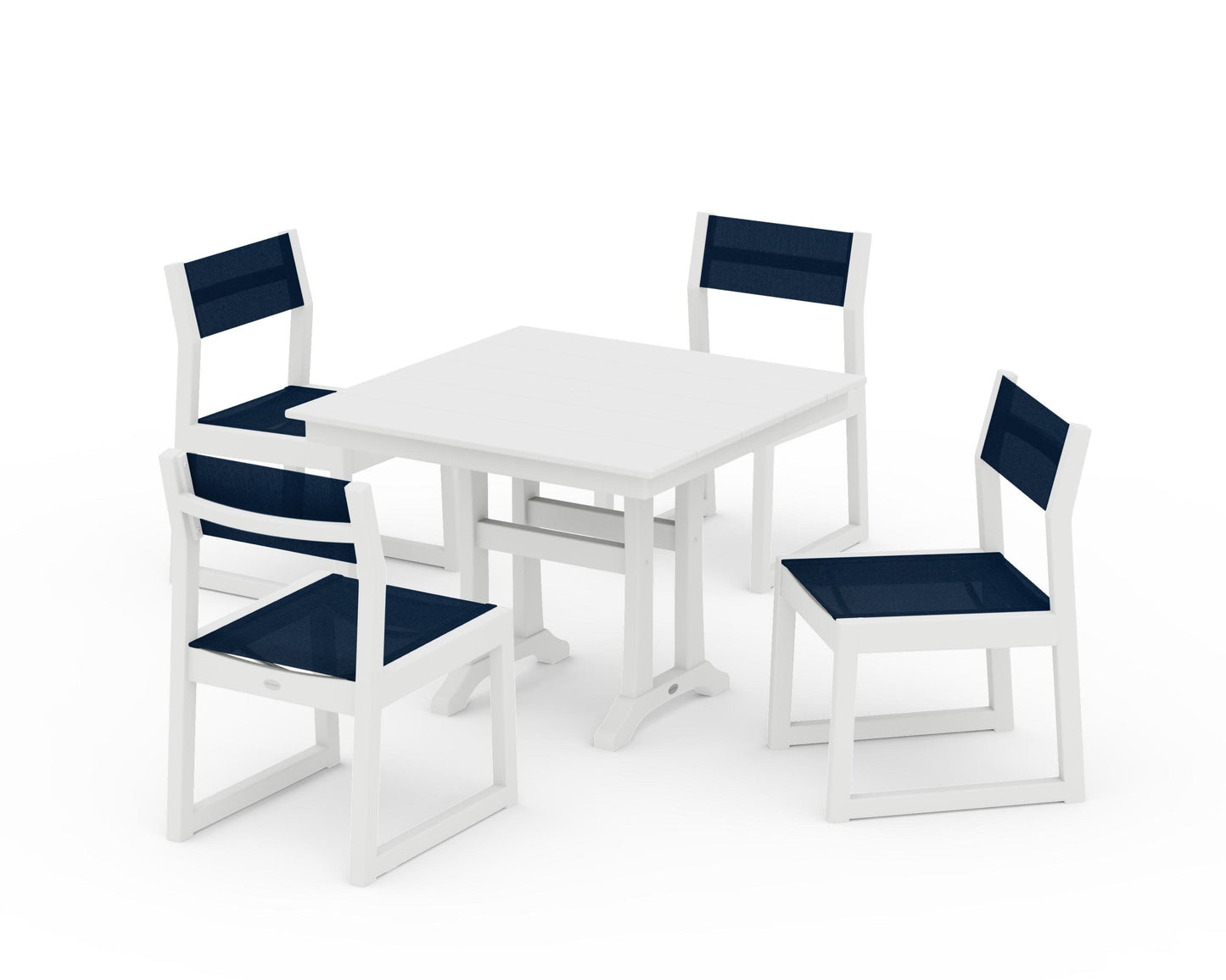 POLYWOOD EDGE Sling 5-Piece Farmhouse Trestle Side Chair Dining Set — White / Navy Blue Sling