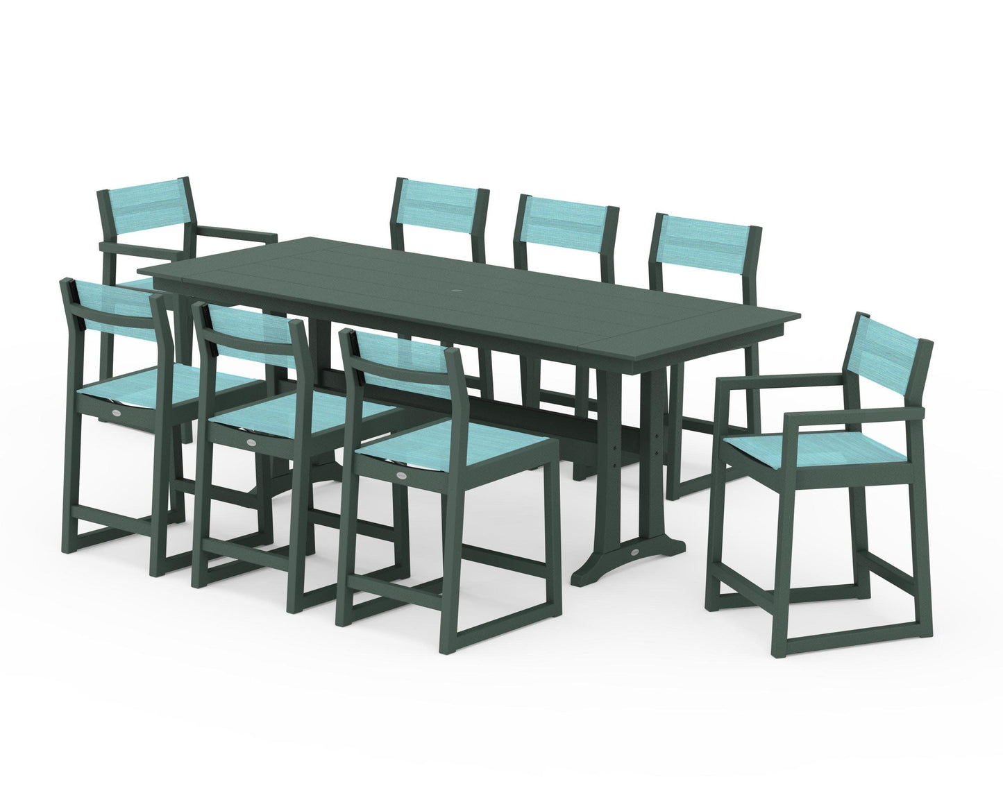 POLYWOOD EDGE Sling 9-Piece Farmhouse Counter Set with Trestle Legs — Green / Dupioni Aquamarine Sling