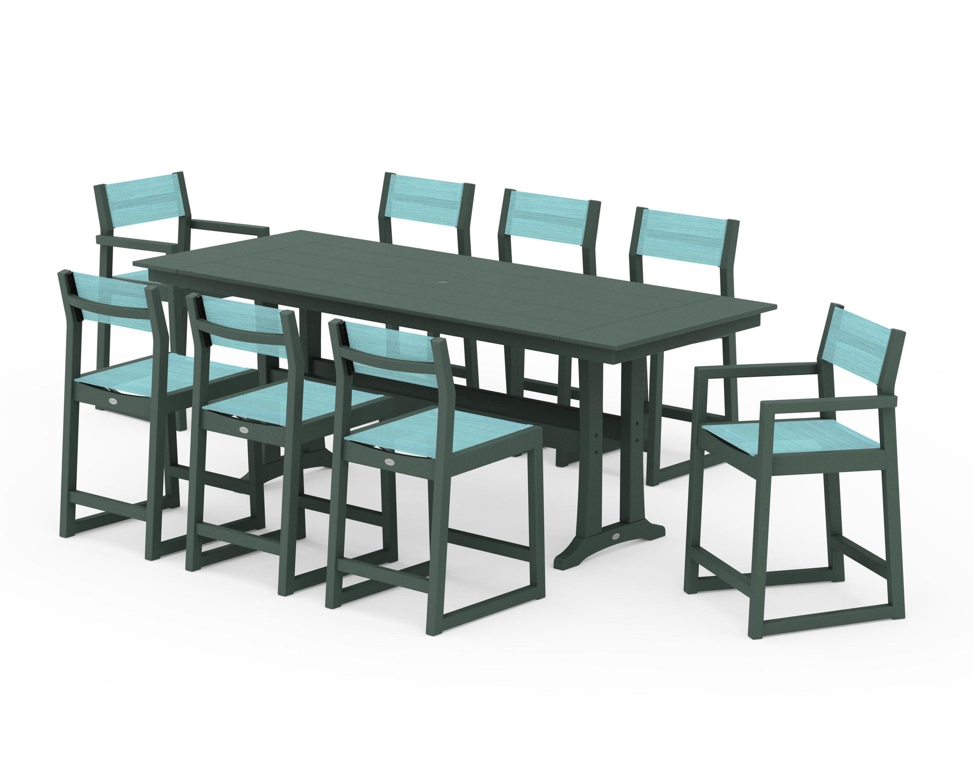 POLYWOOD EDGE Sling 9-Piece Farmhouse Counter Set with Trestle Legs — Green / Dupioni Aquamarine Sling