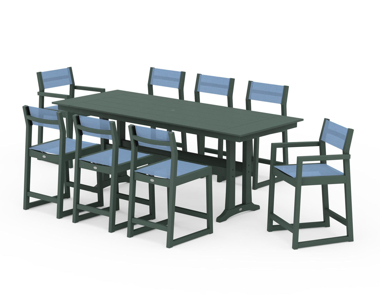 POLYWOOD EDGE Sling 9-Piece Farmhouse Counter Set with Trestle Legs — Green / Poolside Sling