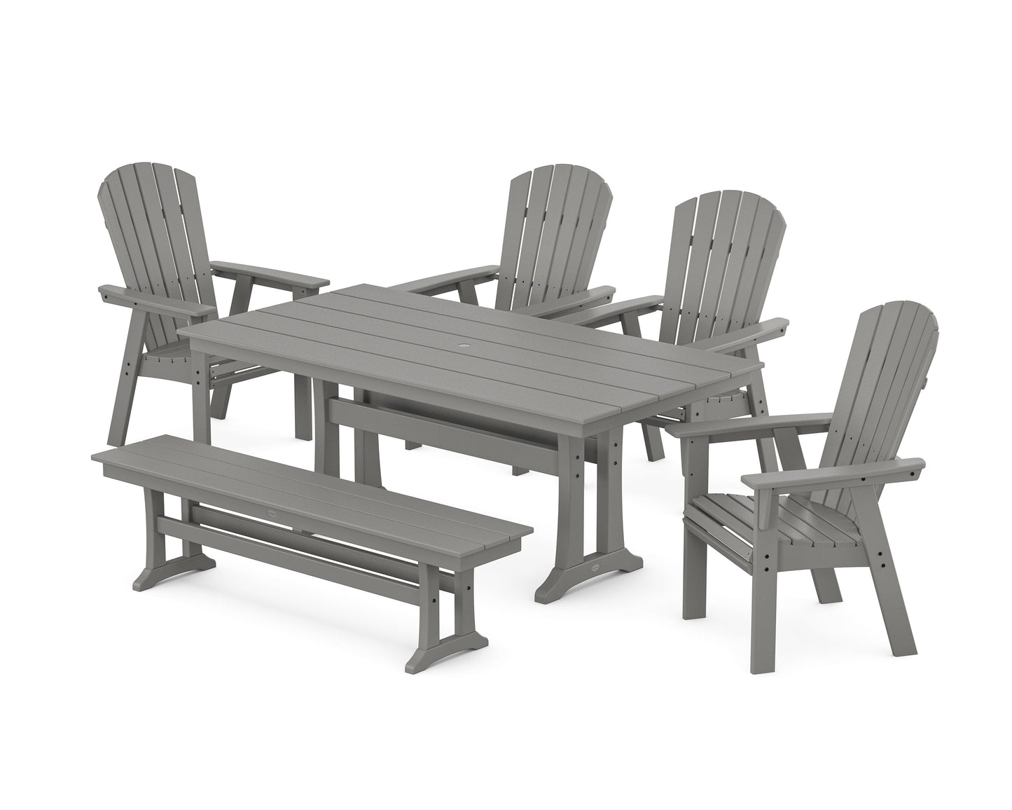 POLYWOOD Nautical Curveback Adirondack 6-Piece Farmhouse Dining Set with Trestle Legs and Bench — Slate Grey