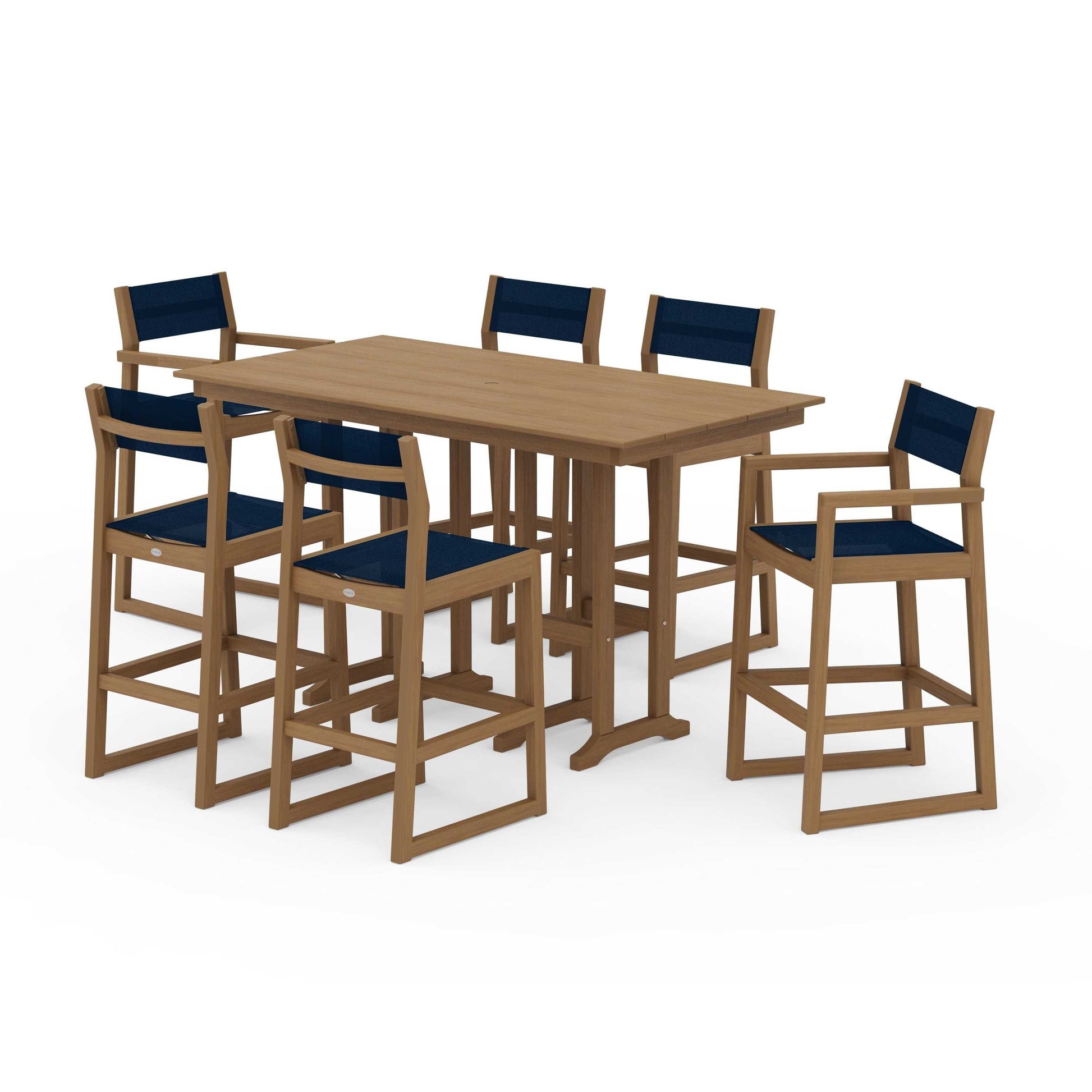POLYWOOD EDGE Sling 7-Piece Farmhouse Bar Set — Natural / Navy Blue Sling