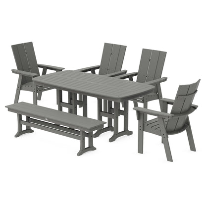 POLYWOOD Modern Curveback Adirondack 6-Piece Dining Set with Bench — Slate Grey