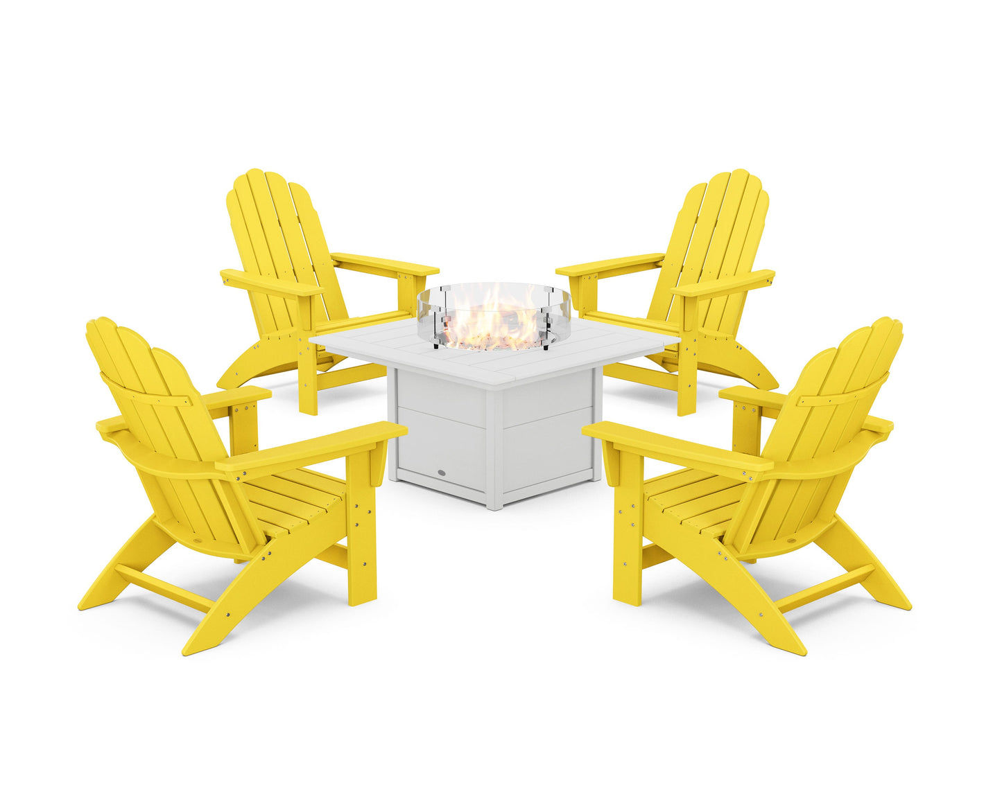 POLYWOOD 5-Piece Vineyard Grand Adirondack Conversation Set with Fire Pit Table — Lemon / White