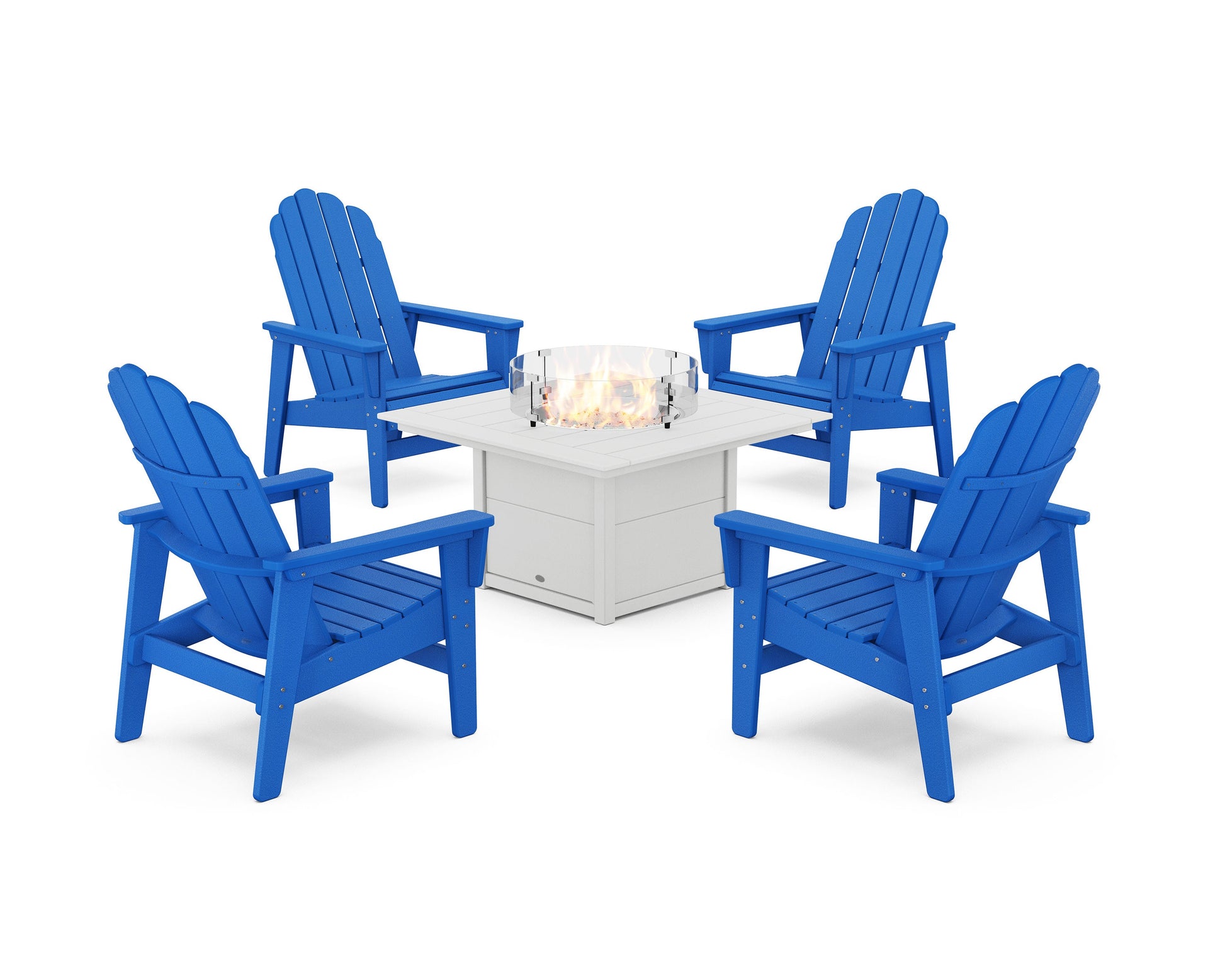 POLYWOOD 5-Piece Vineyard Grand Upright Adirondack Conversation Set with Fire Pit Table — Pacific Blue / White