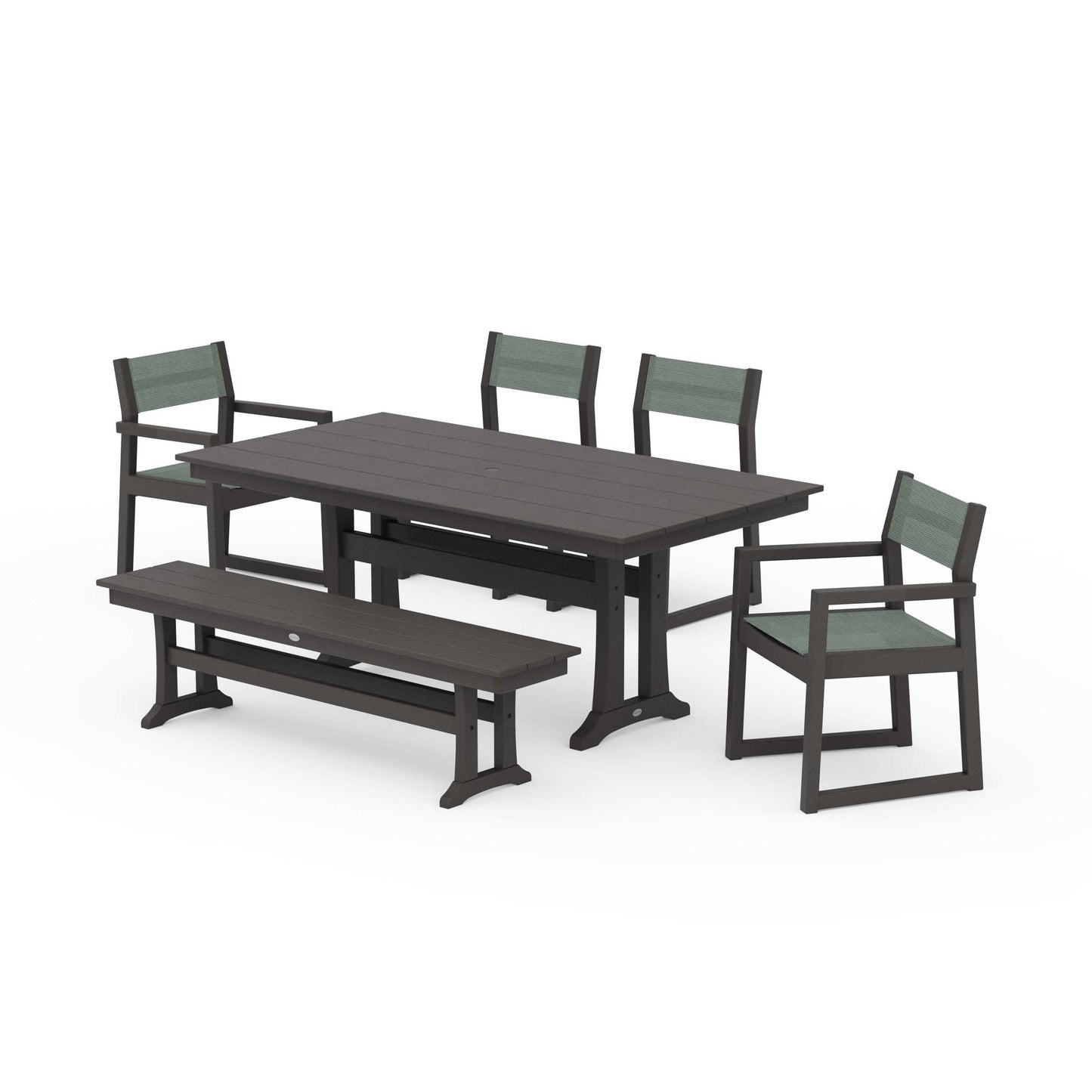 POLYWOOD EDGE Sling 6-Piece Farmhouse Dining Set With Trestle Legs — Vintage Coffee / Dupioni Sea Mist Sling