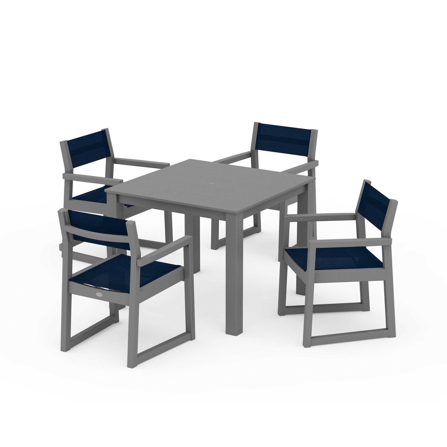POLYWOOD EDGE Sling Arm Chair 5-Piece Parsons Dining Set — Slate Grey / Navy Blue Sling