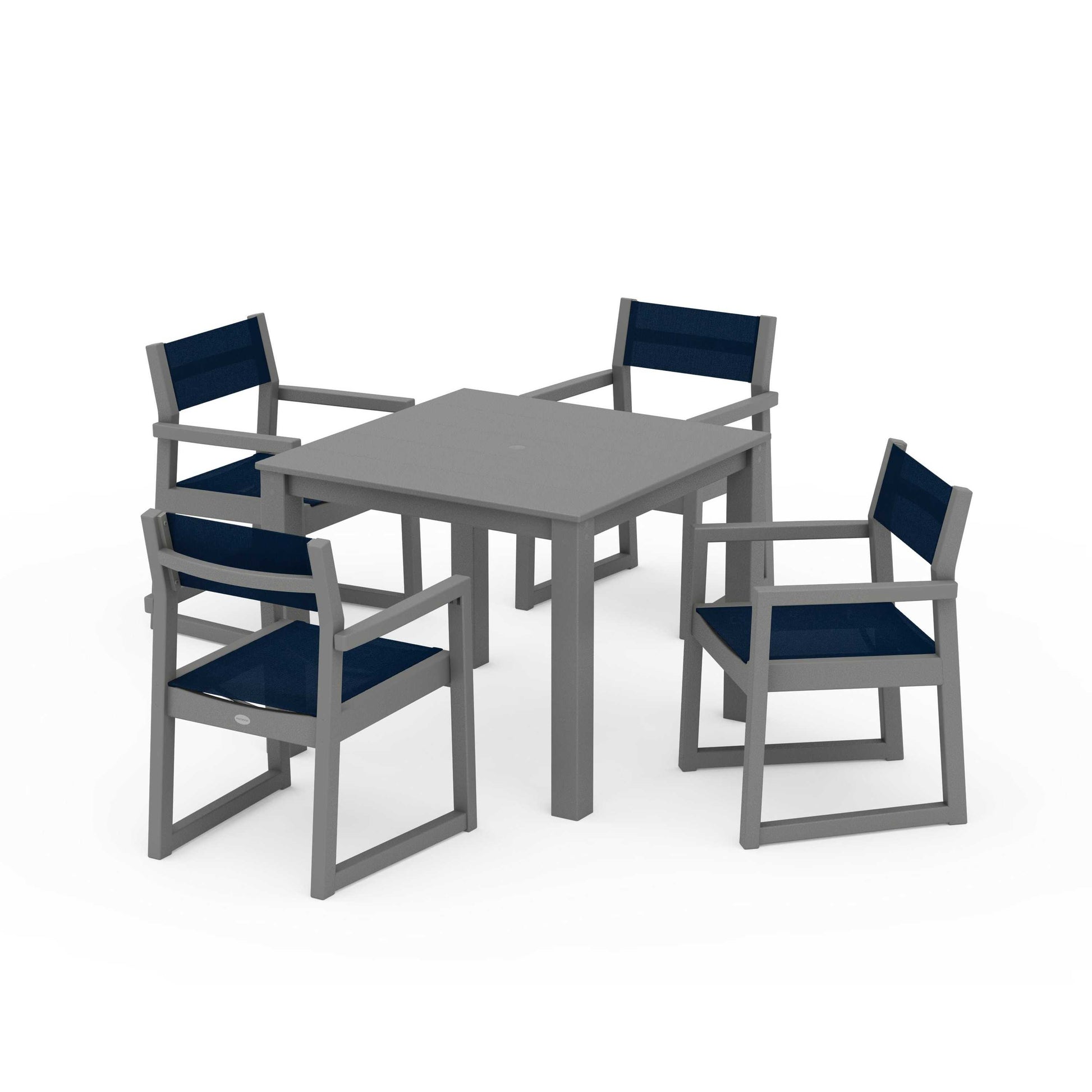 POLYWOOD EDGE Sling Arm Chair 5-Piece Parsons Dining Set — Slate Grey / Navy Blue Sling