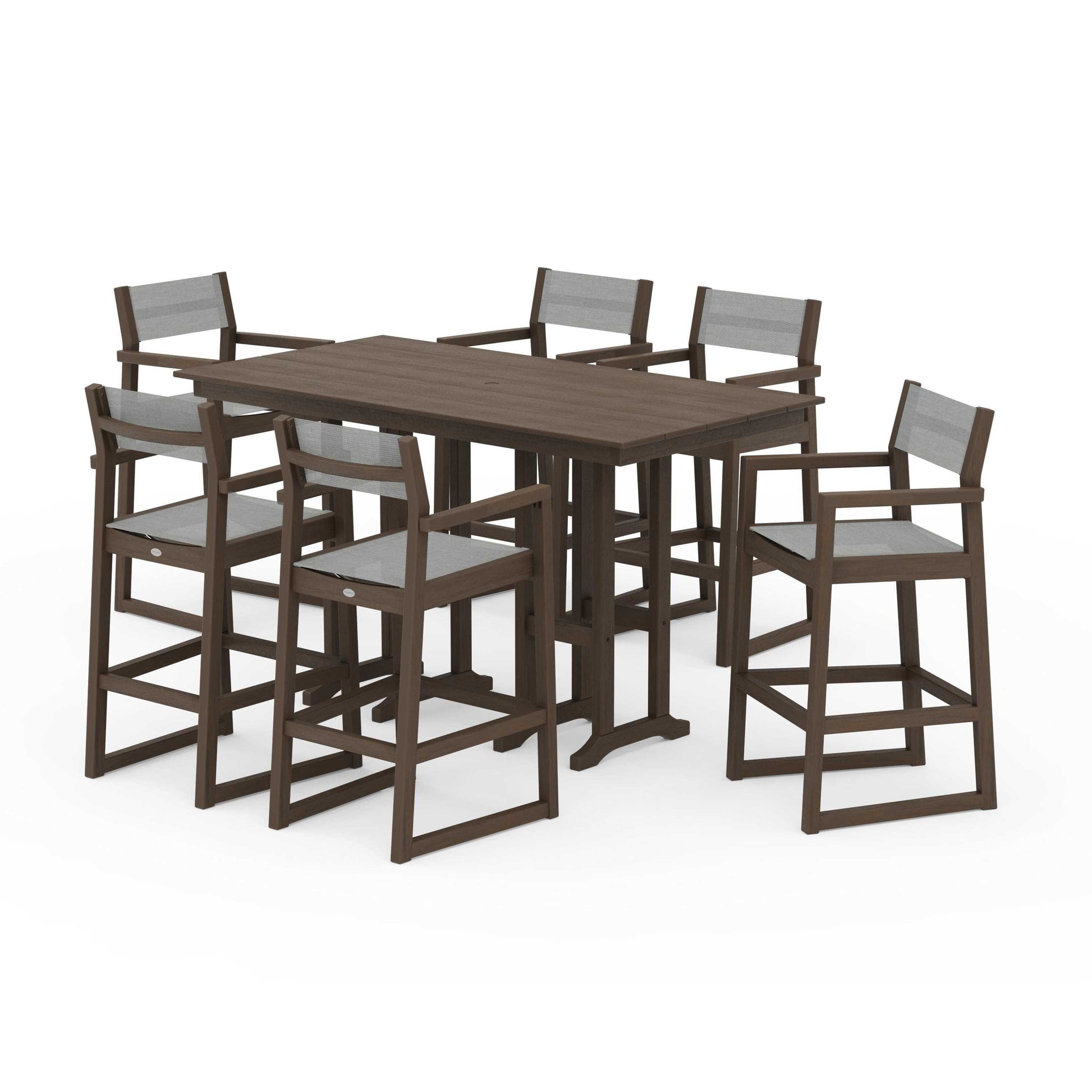 POLYWOOD EDGE Sling Arm Chair 7-Piece Farmhouse Bar Set — Kona / Metallic Sling