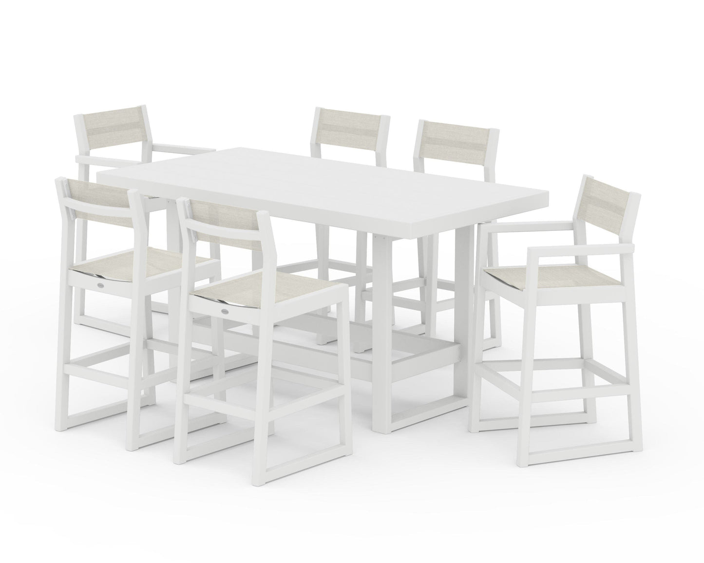 POLYWOOD EDGE Sling 7-Piece Bar Table Set — White / Parchment Sling