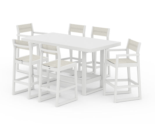 POLYWOOD EDGE Sling 7-Piece Bar Table Set — White / Parchment Sling