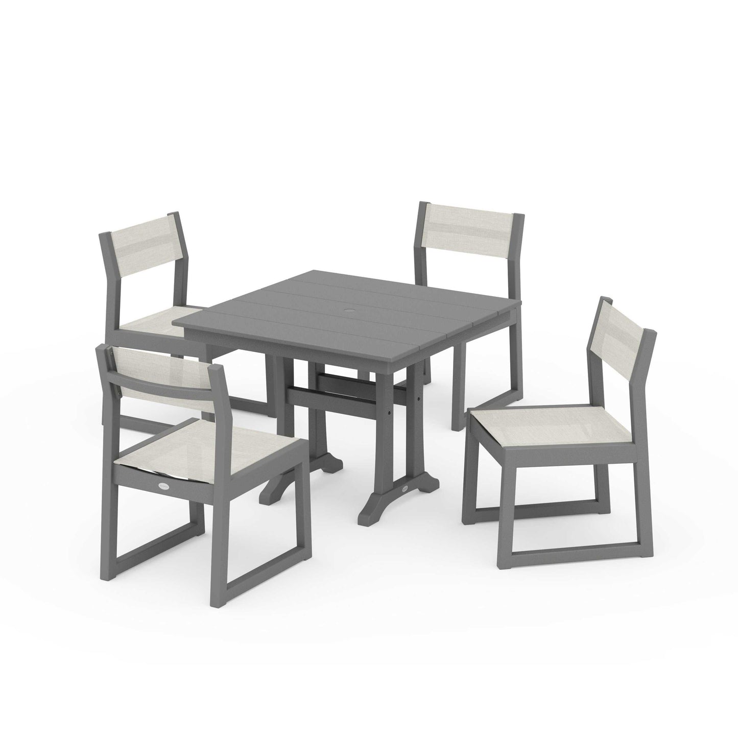 POLYWOOD EDGE Sling 5-Piece Farmhouse Trestle Side Chair Dining Set — Slate Grey / Parchment Sling