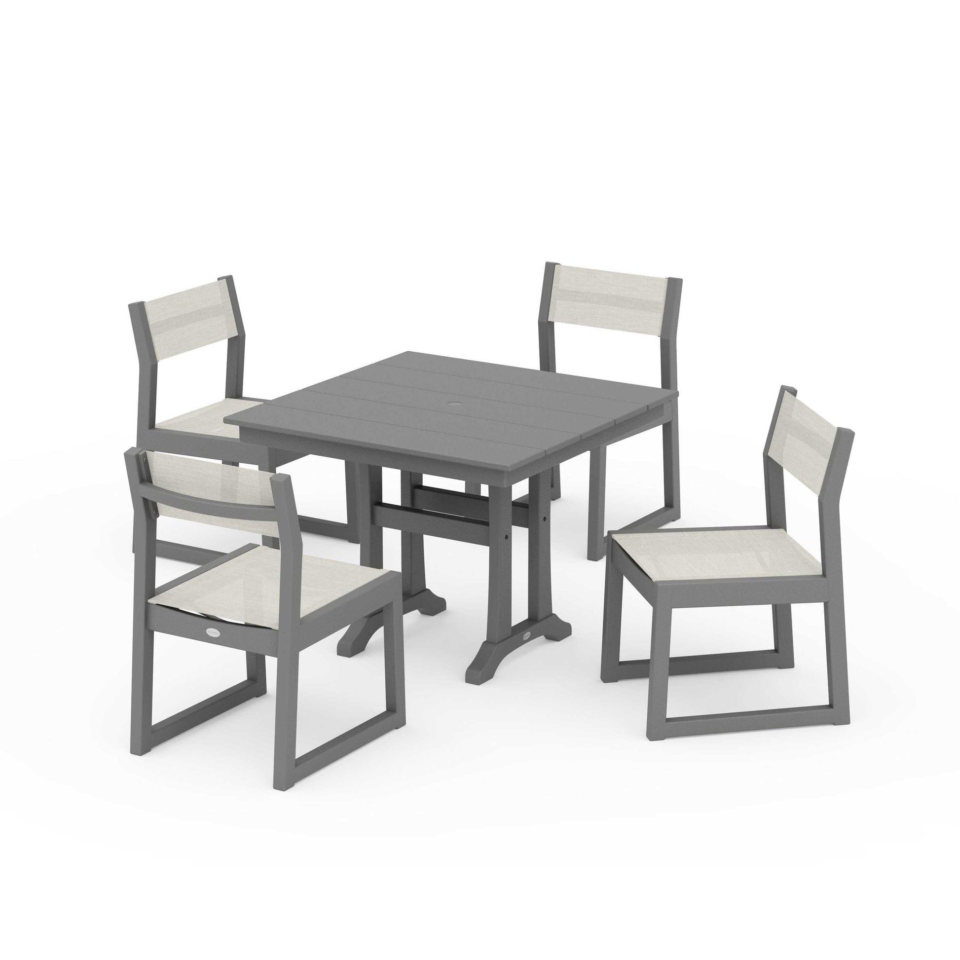 POLYWOOD EDGE Sling 5-Piece Farmhouse Trestle Side Chair Dining Set — Slate Grey / Parchment Sling