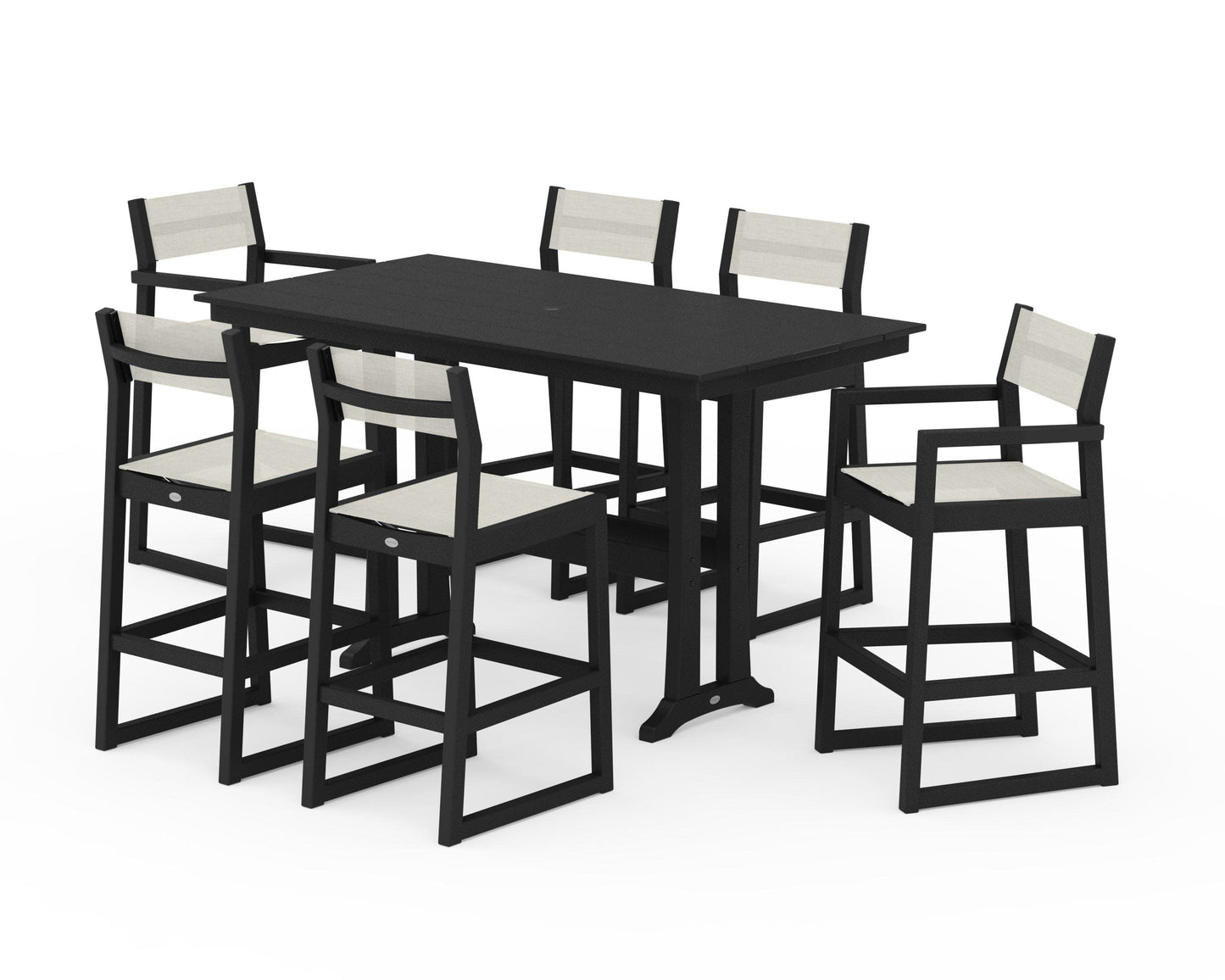 POLYWOOD EDGE Sling 7-Piece Farmhouse Bar Set with Trestle Legs — Black / Parchment Sling