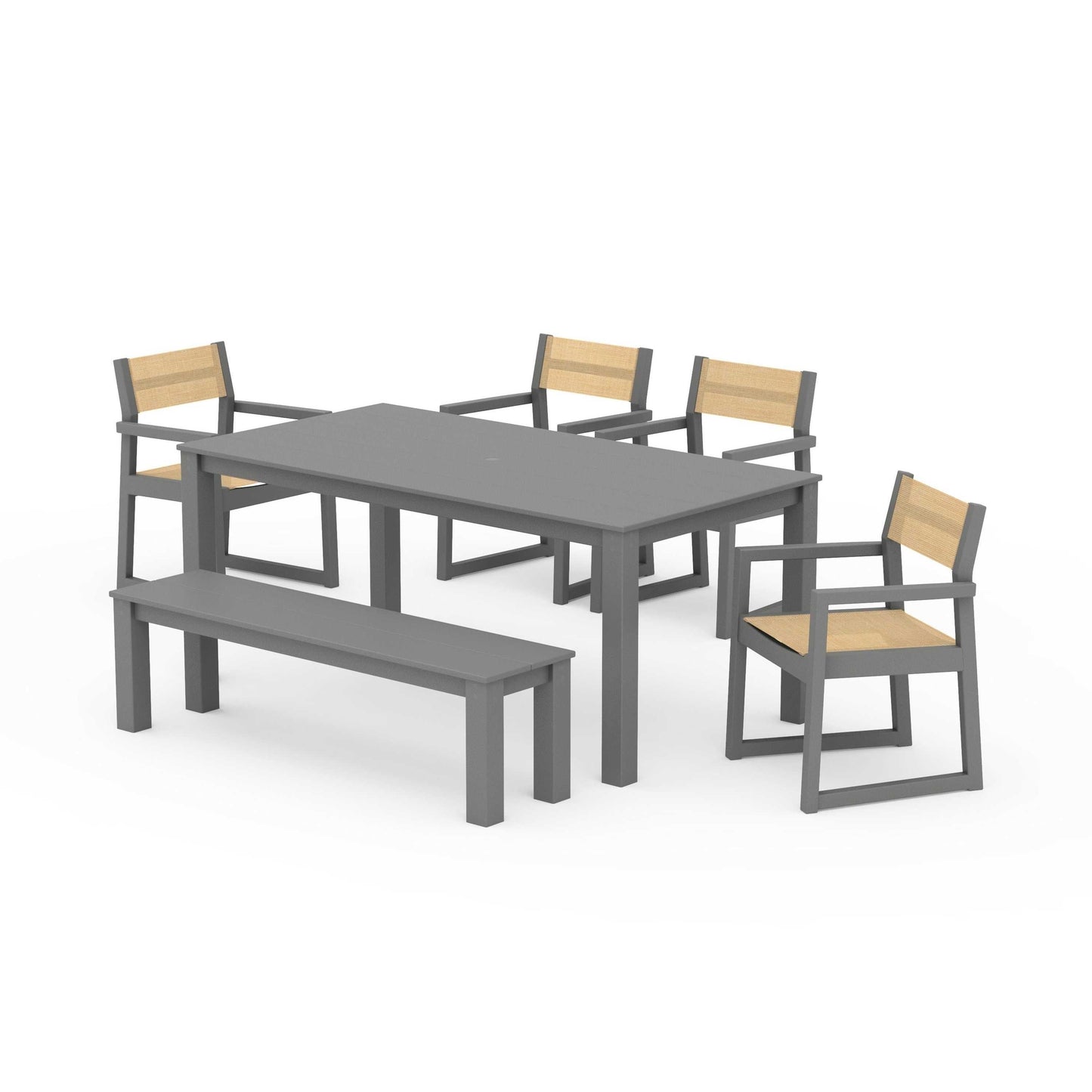 POLYWOOD EDGE Sling Arm Chair 6-Piece Parsons Dining Set with Bench — Slate Grey / Dupioni Apricot Sling