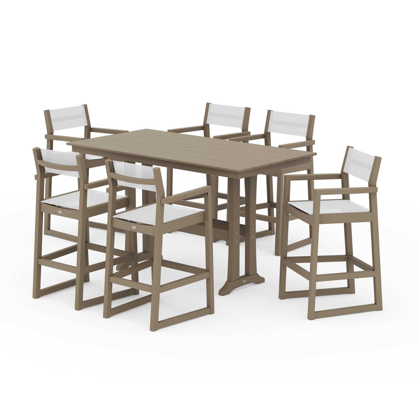 POLYWOOD EDGE Sling Arm Chair 7-Piece Farmhouse Bar Set with Trestle Legs — Vintage Sahara / White Sling
