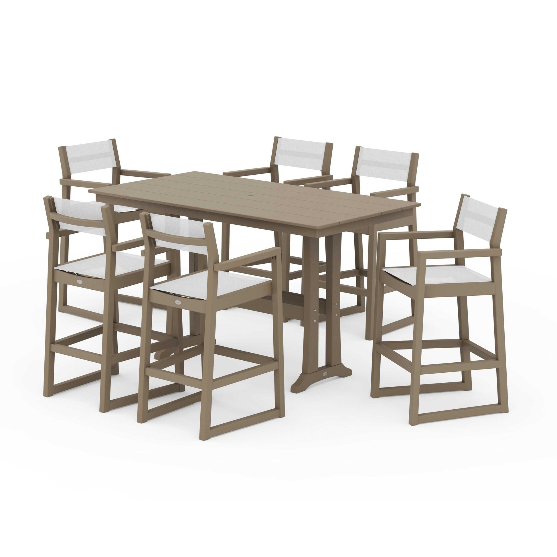 POLYWOOD EDGE Sling Arm Chair 7-Piece Farmhouse Bar Set with Trestle Legs — Vintage Sahara / White Sling