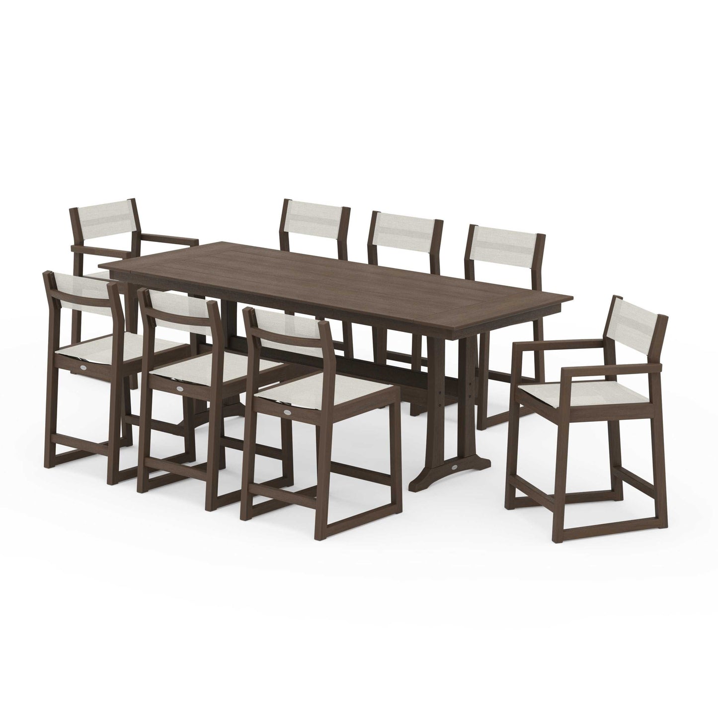 POLYWOOD EDGE Sling 9-Piece Farmhouse Counter Set with Trestle Legs — Kona / Parchment Sling