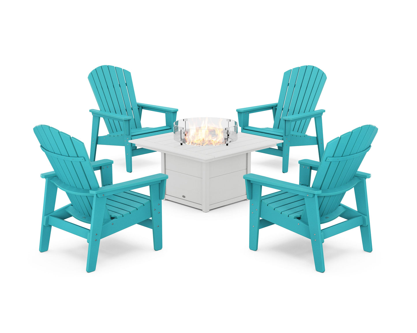 POLYWOOD 5-Piece Nautical Grand Upright Adirondack Conversation Set with Fire Pit Table — Aruba / White