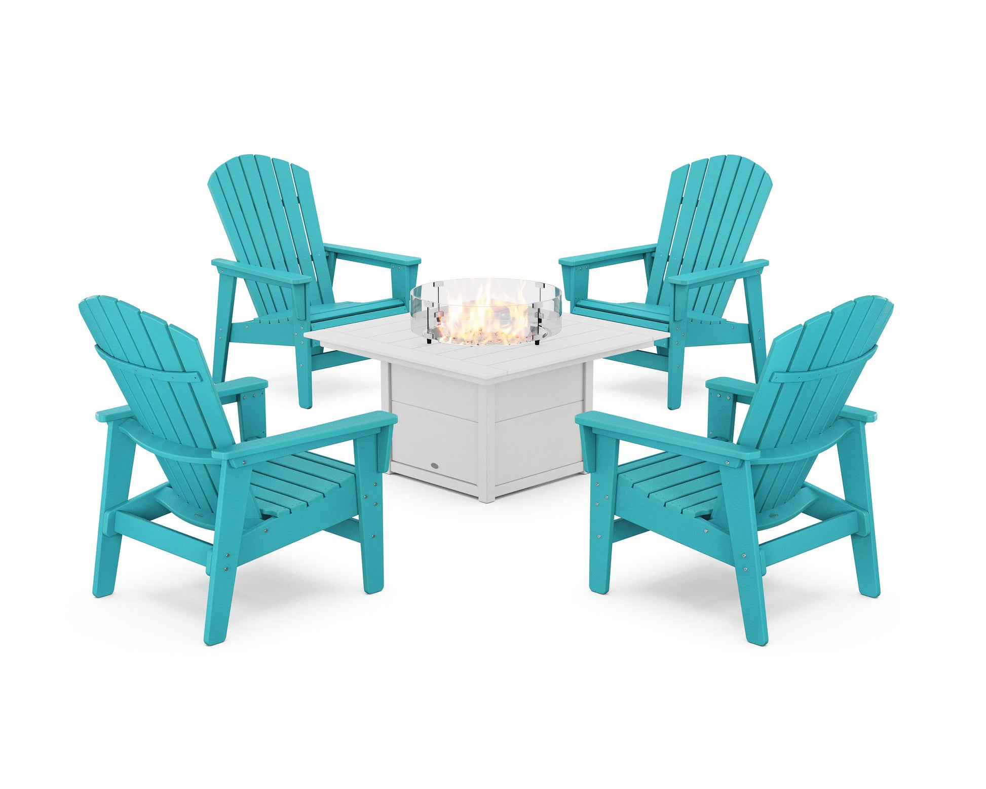 POLYWOOD 5-Piece Nautical Grand Upright Adirondack Conversation Set with Fire Pit Table — Aruba / White