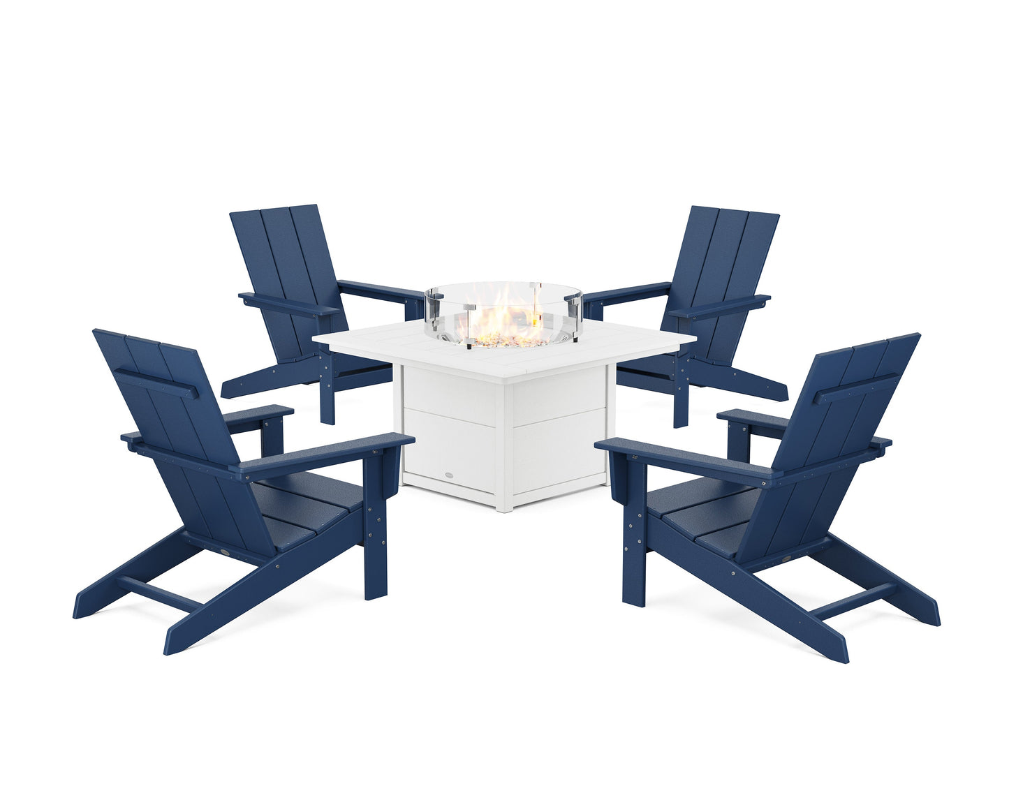 POLYWOOD 5-Piece Modern Studio Adirondack Conversation Set with Fire Pit Table — Navy / White