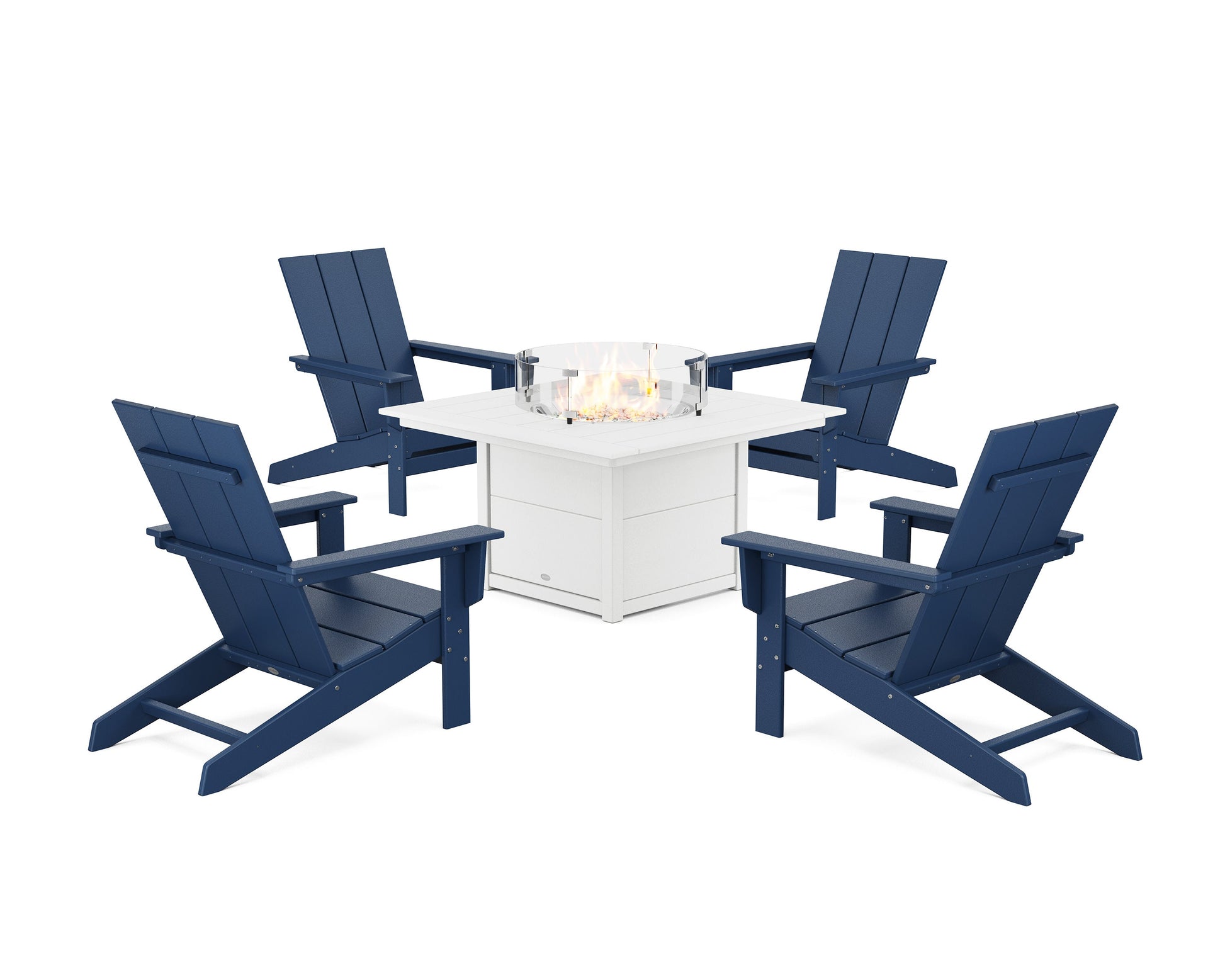 POLYWOOD 5-Piece Modern Studio Adirondack Conversation Set with Fire Pit Table — Navy / White