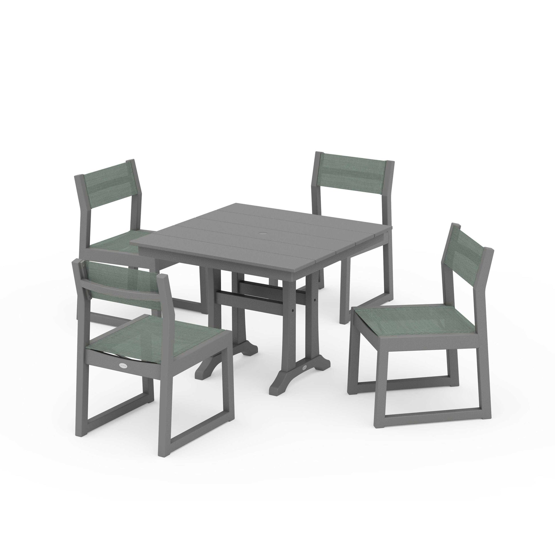 POLYWOOD EDGE Sling 5-Piece Farmhouse Trestle Side Chair Dining Set — Slate Grey / Dupioni Sea Mist Sling