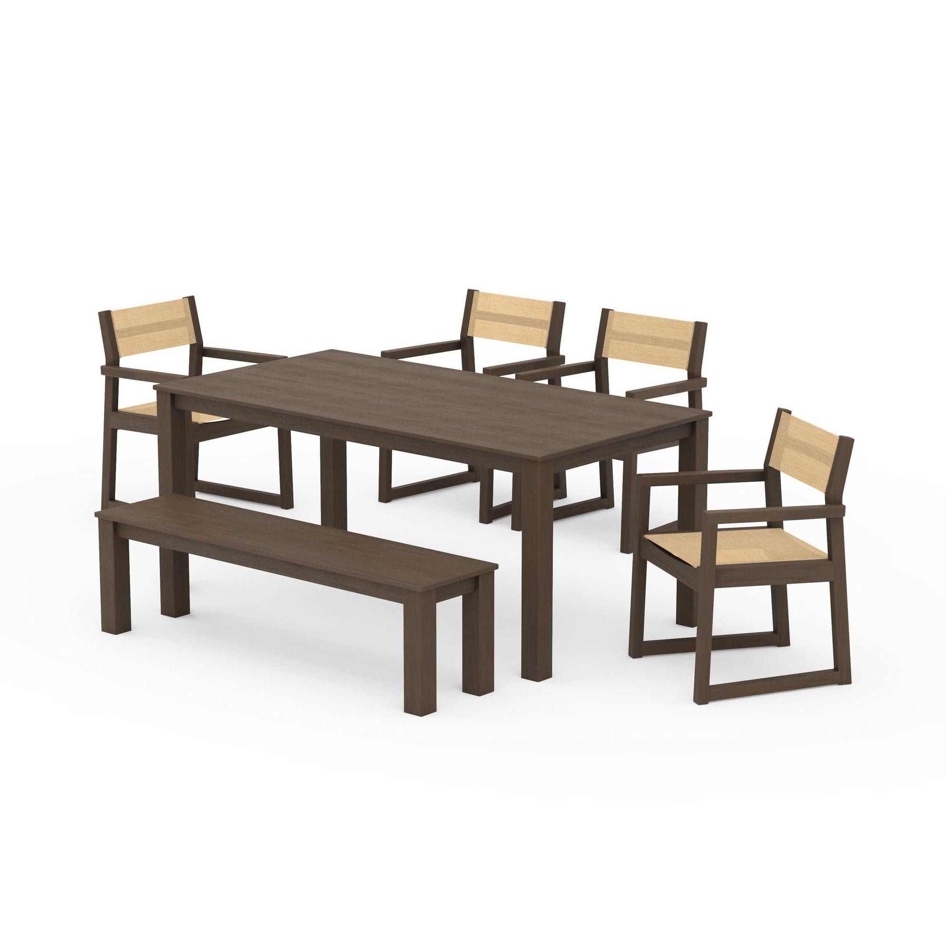 POLYWOOD EDGE Sling Arm Chair 6-Piece Parsons Dining Set with Bench — Kona / Dupioni Apricot Sling