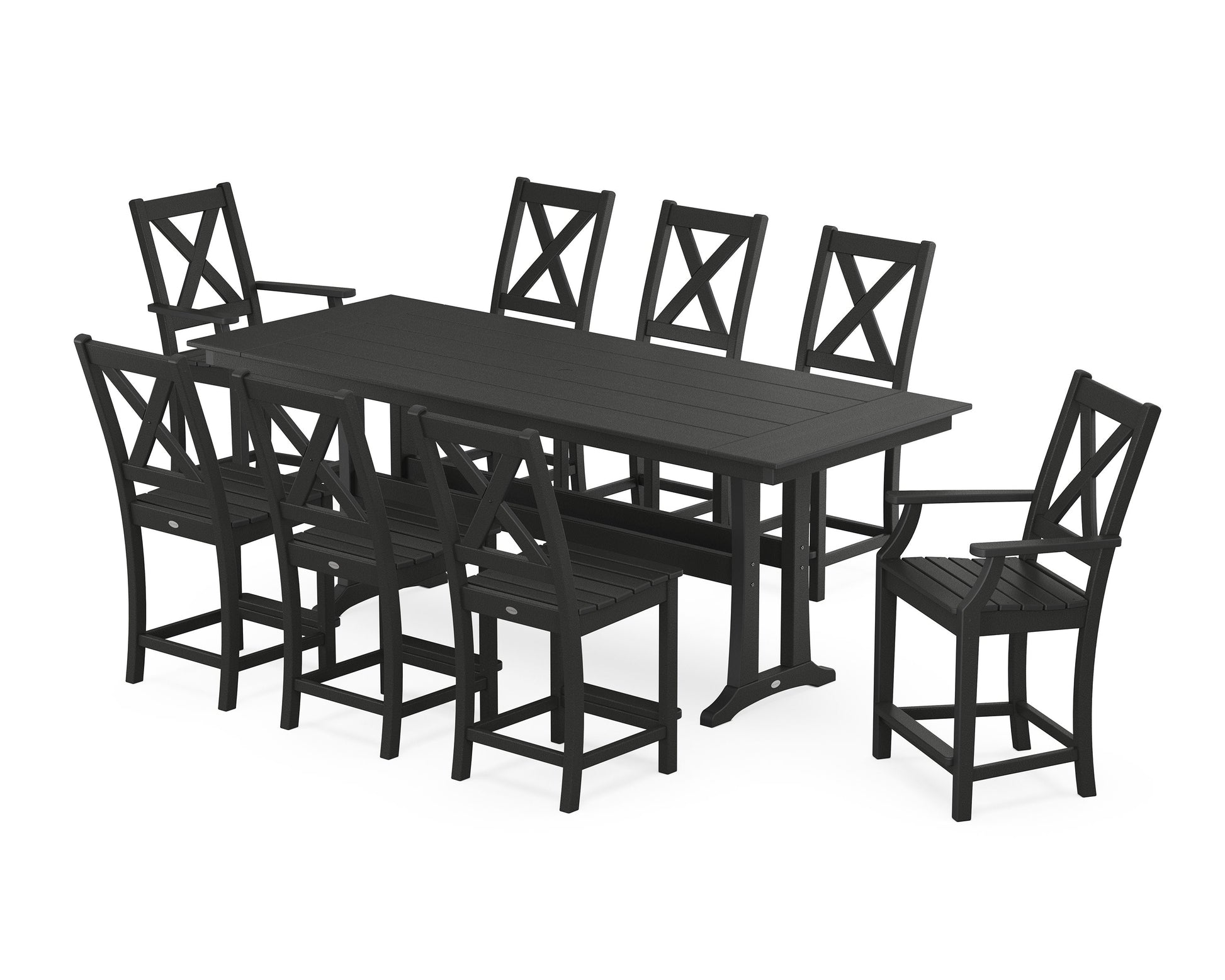 POLYWOOD Braxton 9-Piece Farmhouse Counter Set with Trestle Legs — Black