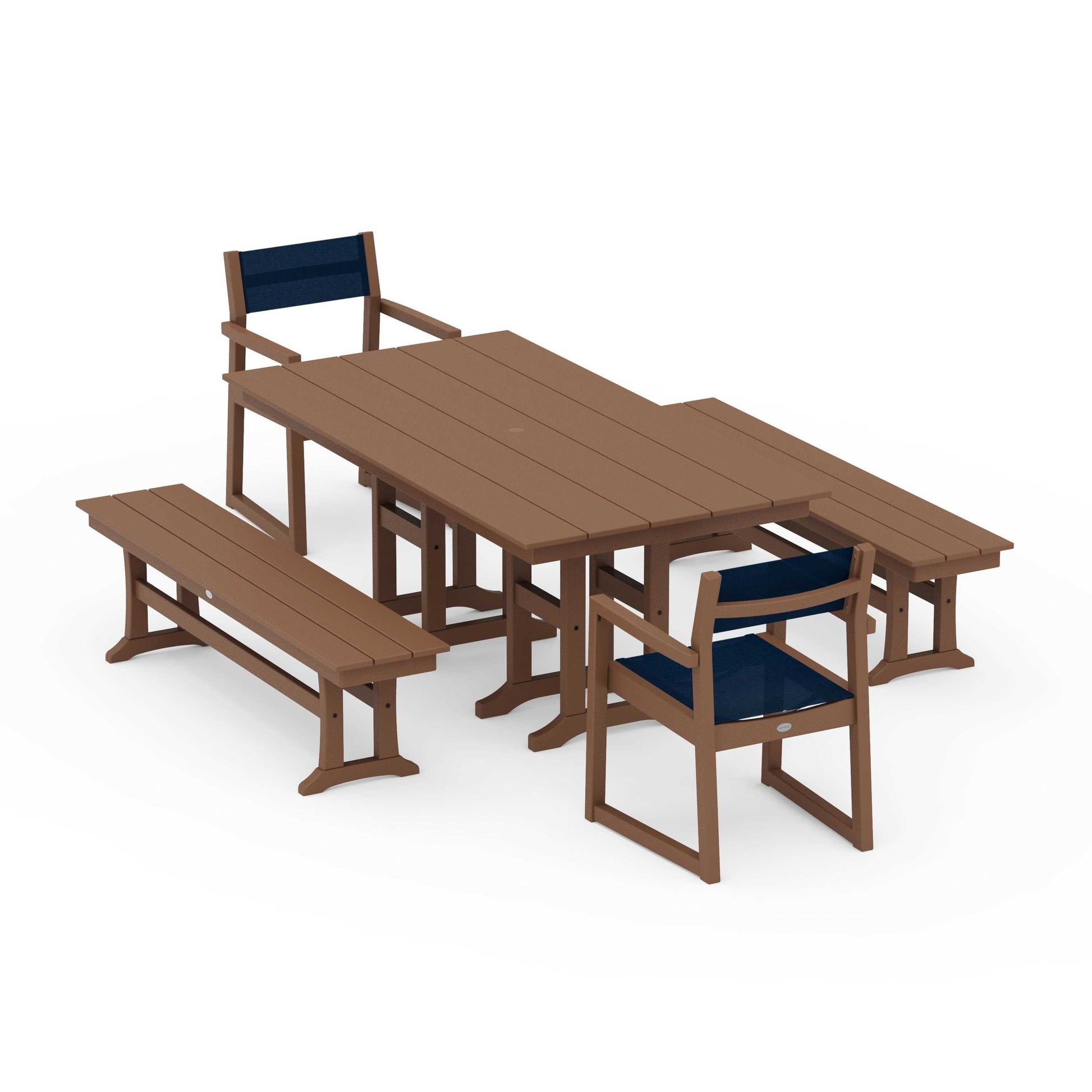 POLYWOOD EDGE Sling Arm Chair 5-Piece Farmhouse Dining Set with Benches — Teak / Navy Blue Sling