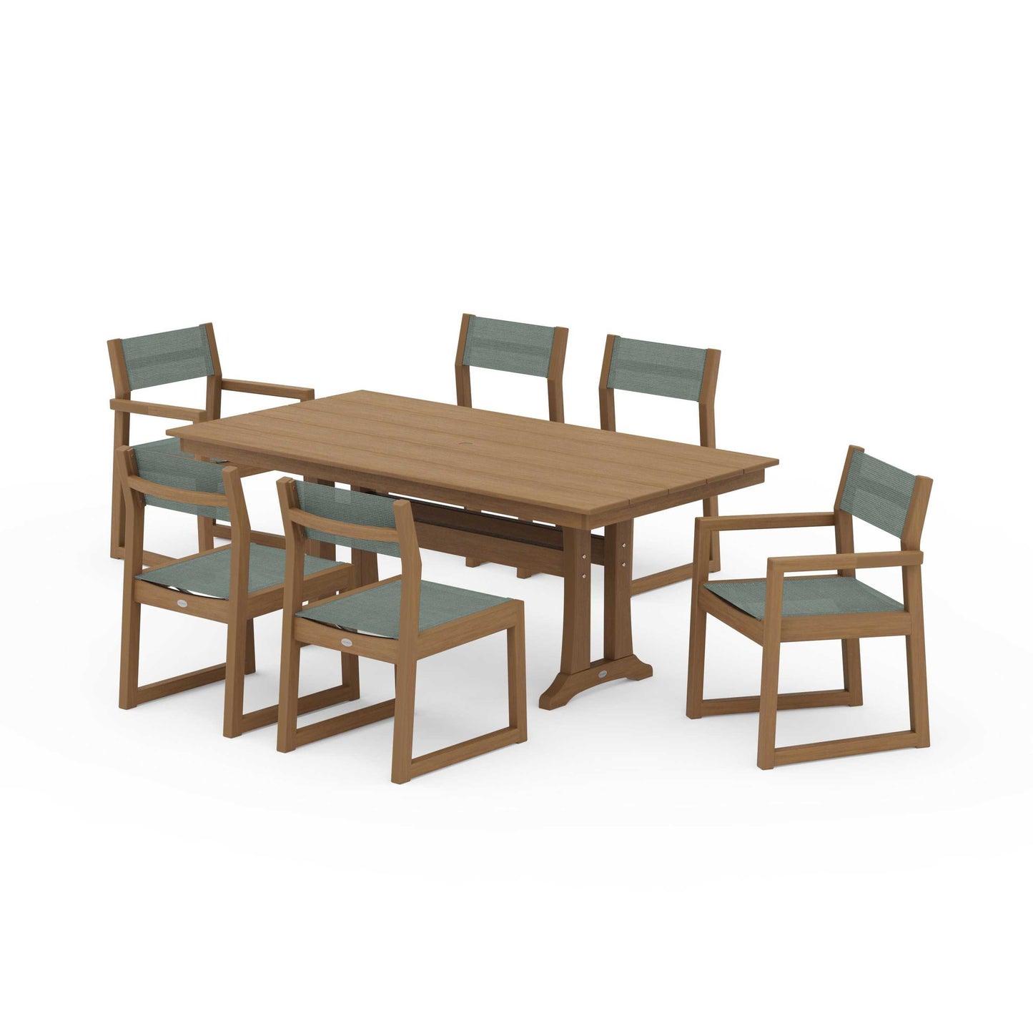 POLYWOOD EDGE Sling 7-Piece Farmhouse Trestle Dining Set — Natural / Dupioni Sea Mist Sling