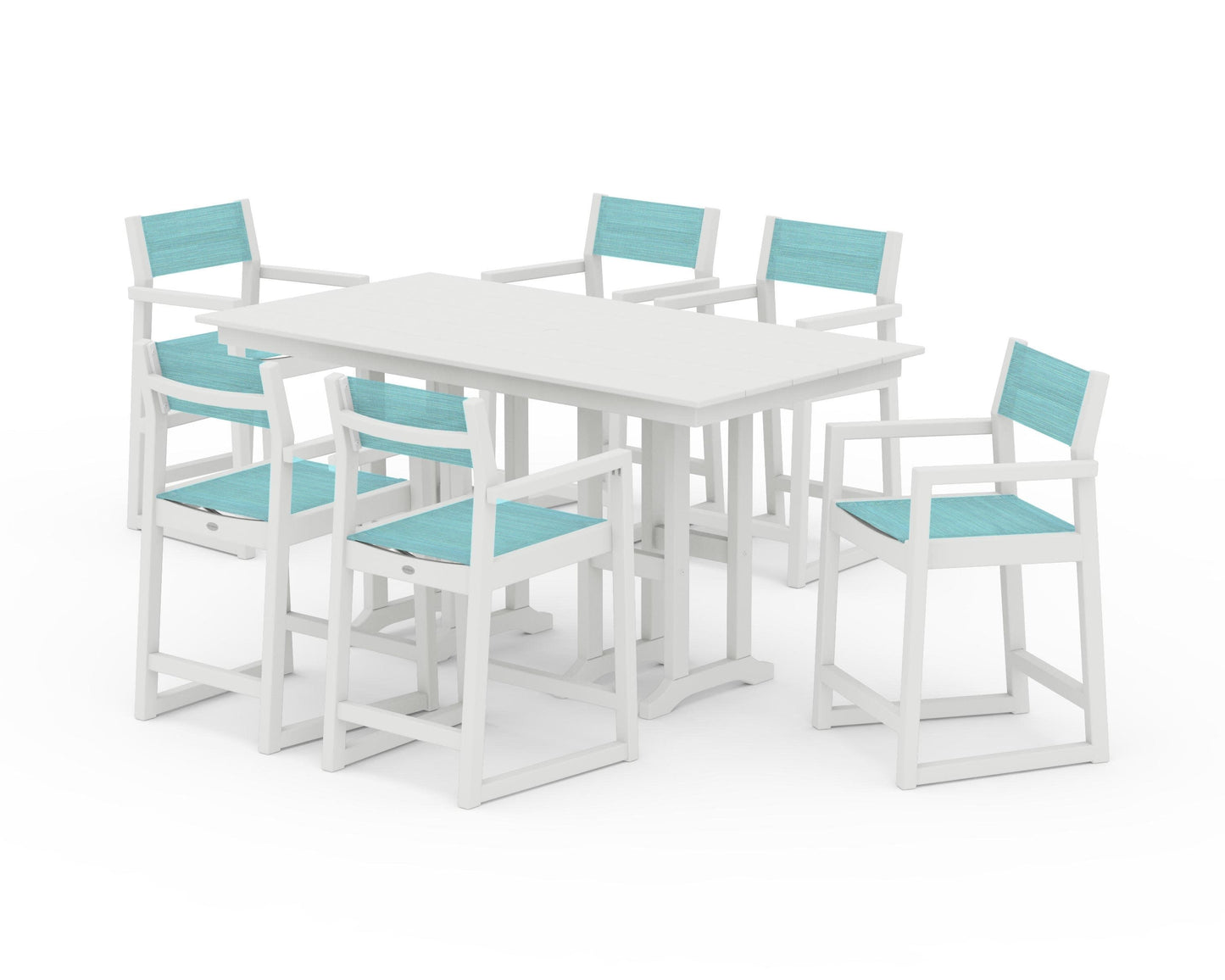 POLYWOOD EDGE Sling Arm Chair 7-Piece Farmhouse Counter Set — Vintage White / Dupioni Aquamarine Sling