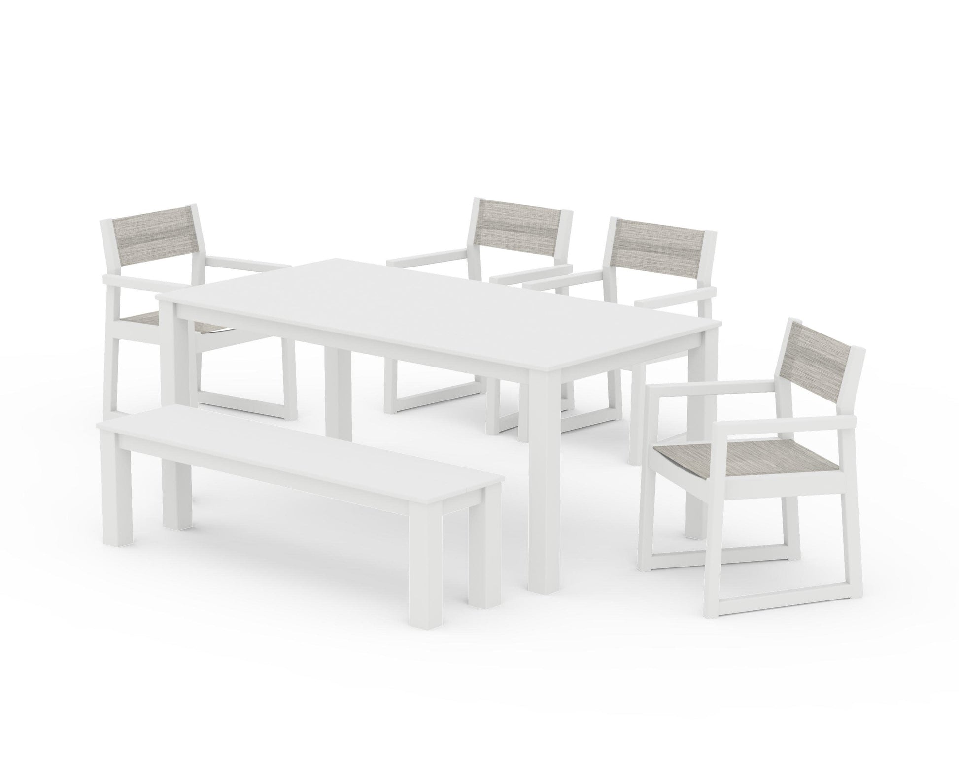 POLYWOOD EDGE Sling Arm Chair 6-Piece Parsons Dining Set with Bench — White / Birch Sling