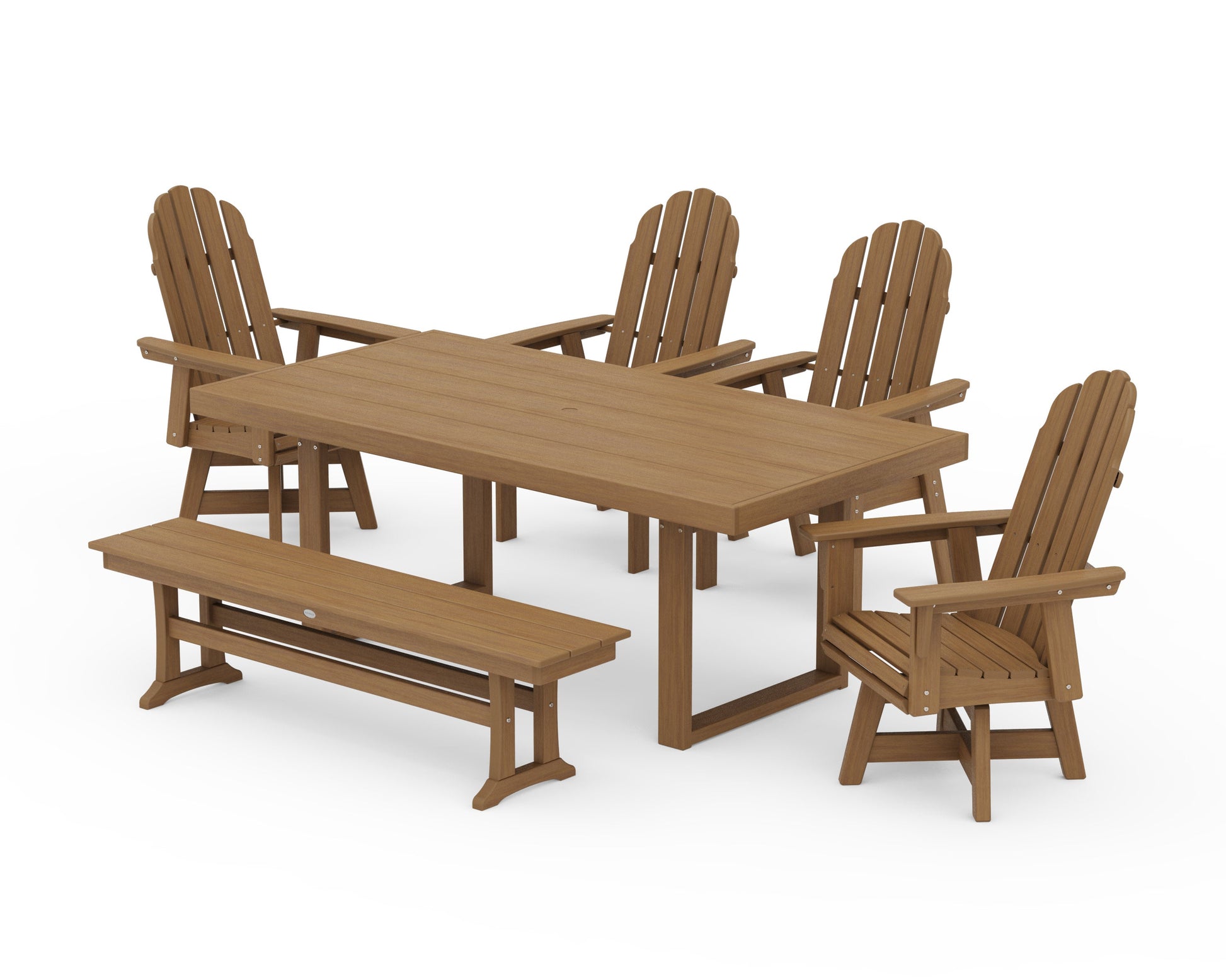 POLYWOOD Vineyard Curveback Adirondack Swivel Chair 6-Piece Dining Set with Bench — Natural