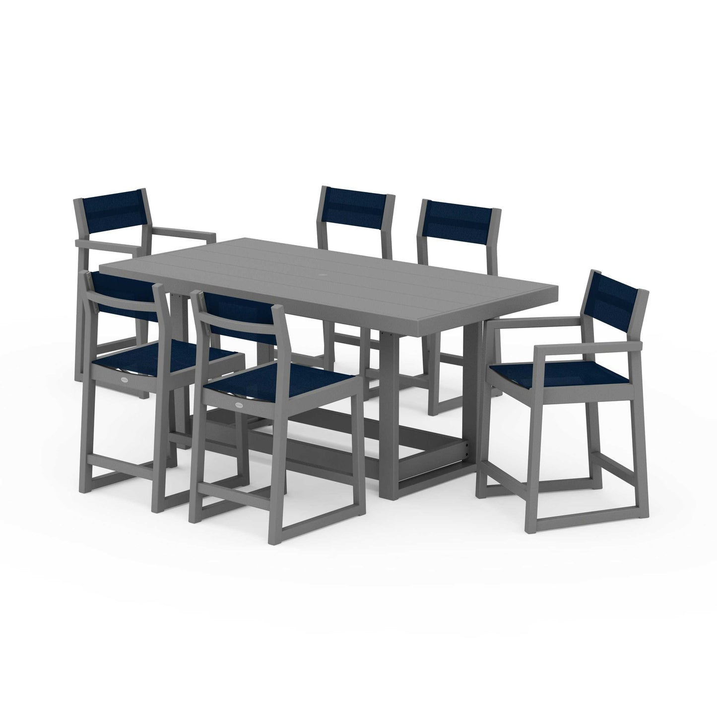 POLYWOOD EDGE Sling 7-Piece Counter Table Set — Slate Grey / Navy Blue Sling