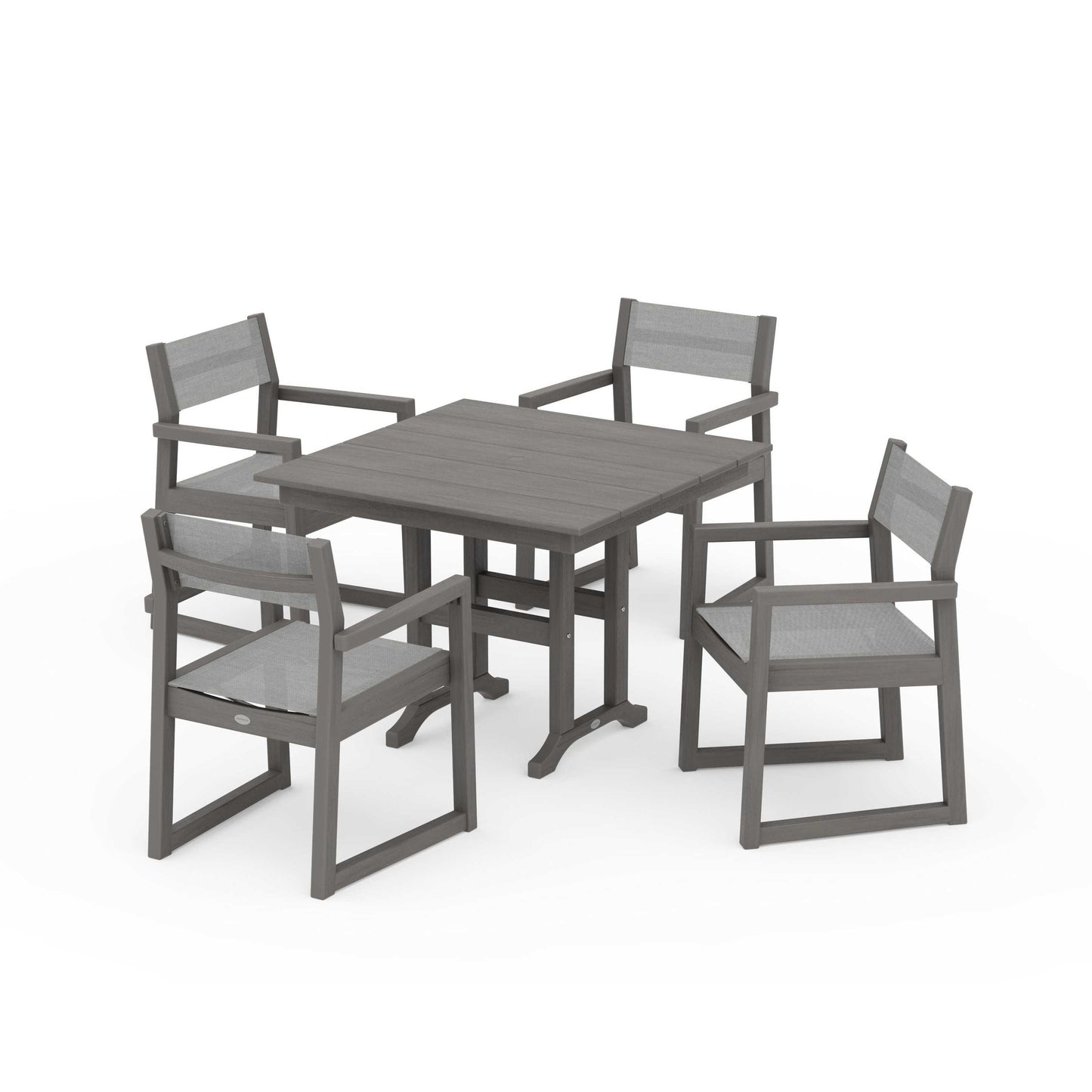 POLYWOOD EDGE Sling Arm Chair 5-Piece Farmhouse Dining Set — Driftwood / Metallic Sling
