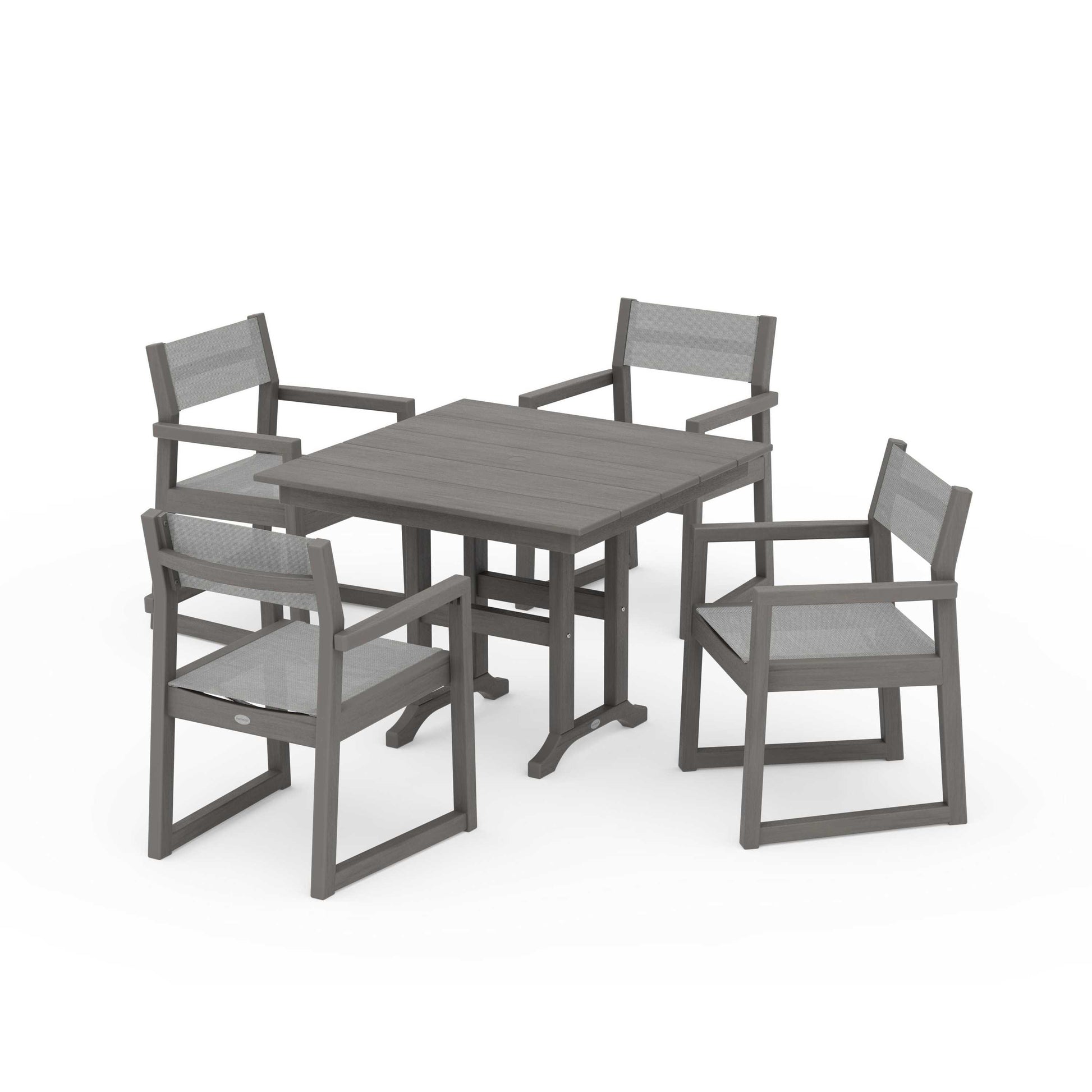 POLYWOOD EDGE Sling Arm Chair 5-Piece Farmhouse Dining Set — Driftwood / Metallic Sling