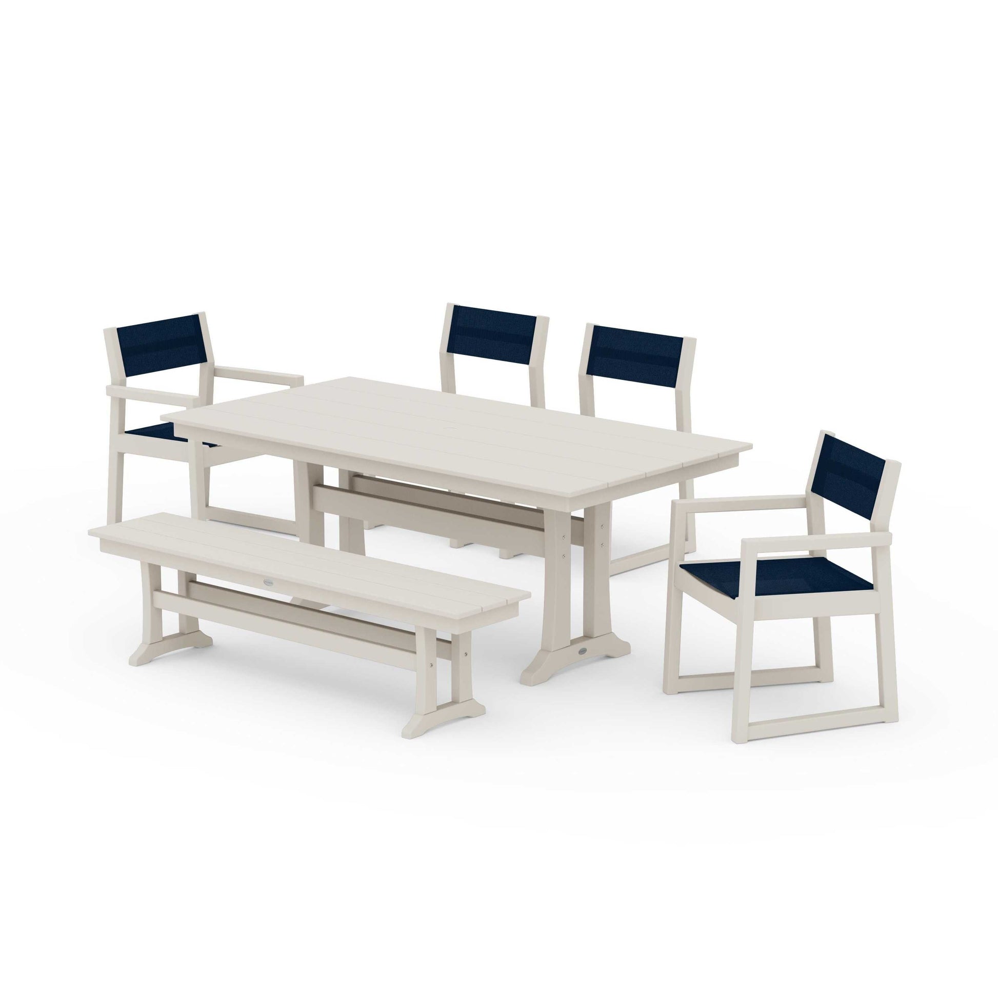 POLYWOOD EDGE Sling 6-Piece Farmhouse Dining Set With Trestle Legs — Sand / Navy Blue Sling