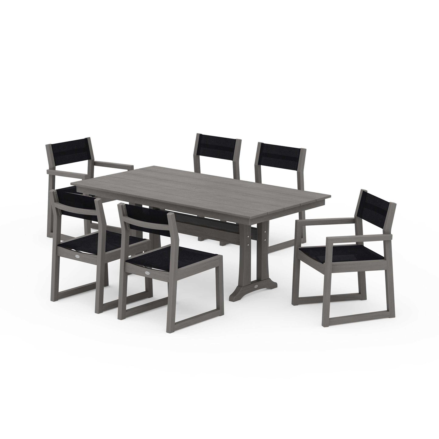 POLYWOOD EDGE Sling 7-Piece Farmhouse Trestle Dining Set — Driftwood / Black Sling