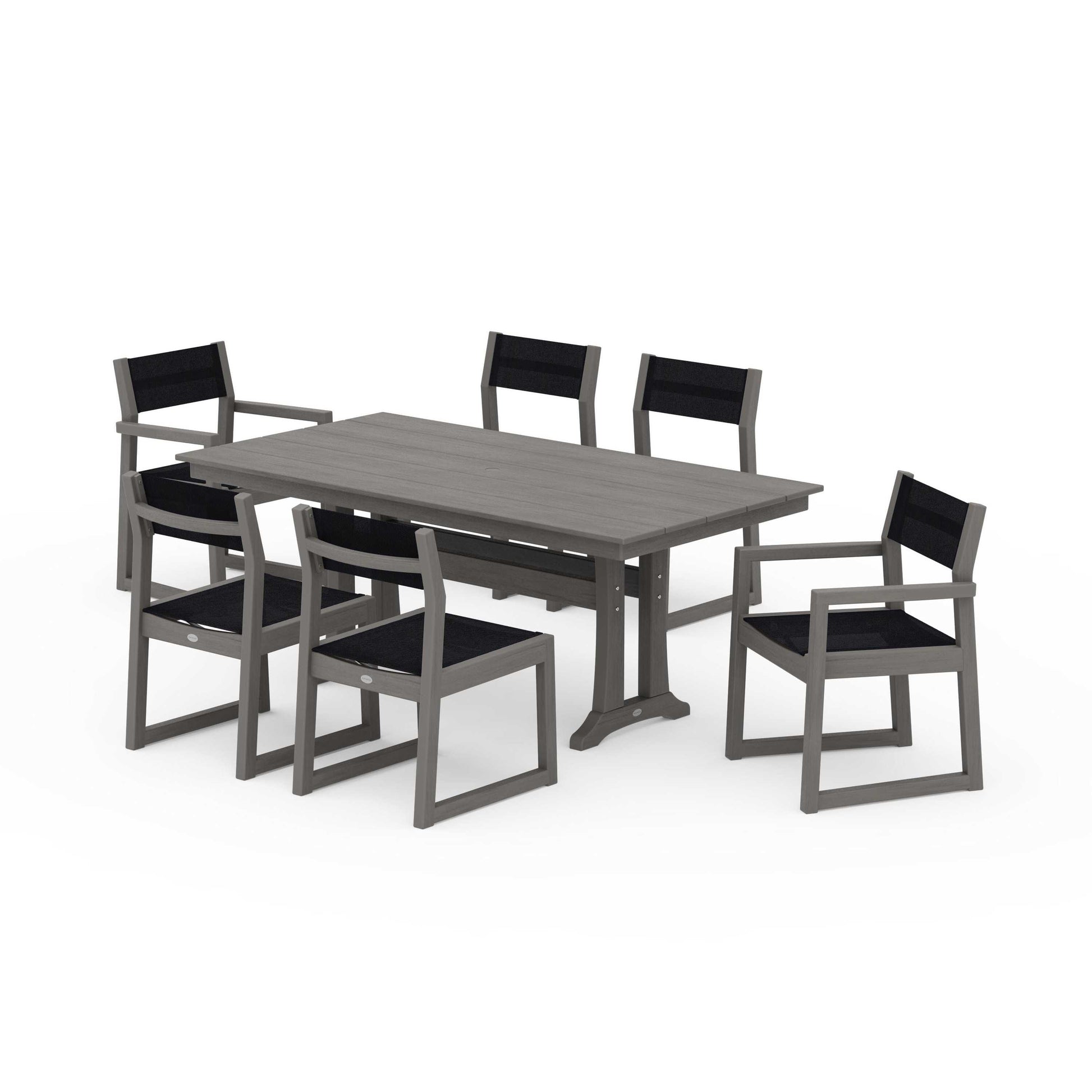 POLYWOOD EDGE Sling 7-Piece Farmhouse Trestle Dining Set — Driftwood / Black Sling