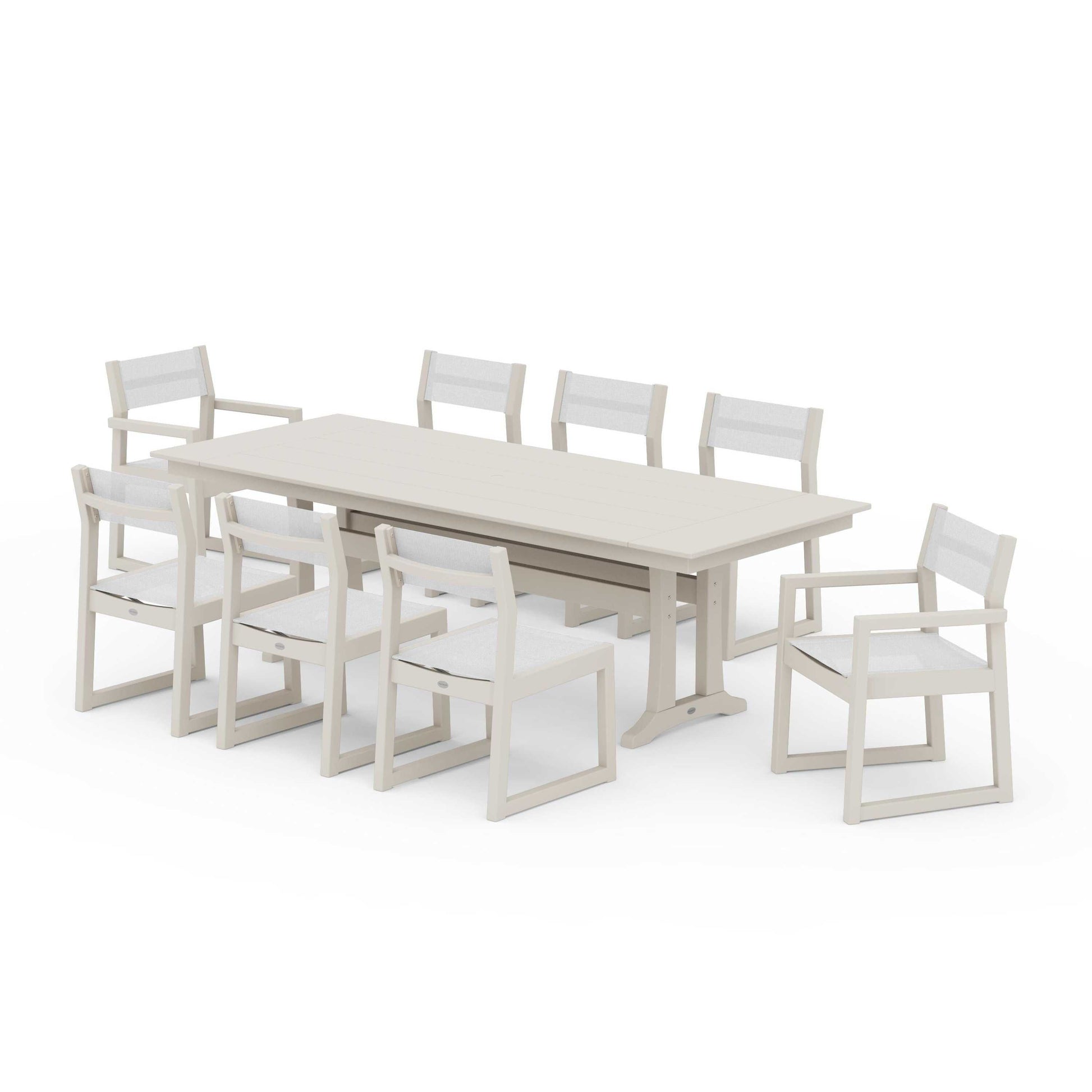 POLYWOOD EDGE Sling 9-Piece Farmhouse Trestle Dining Set — Sand / White Sling