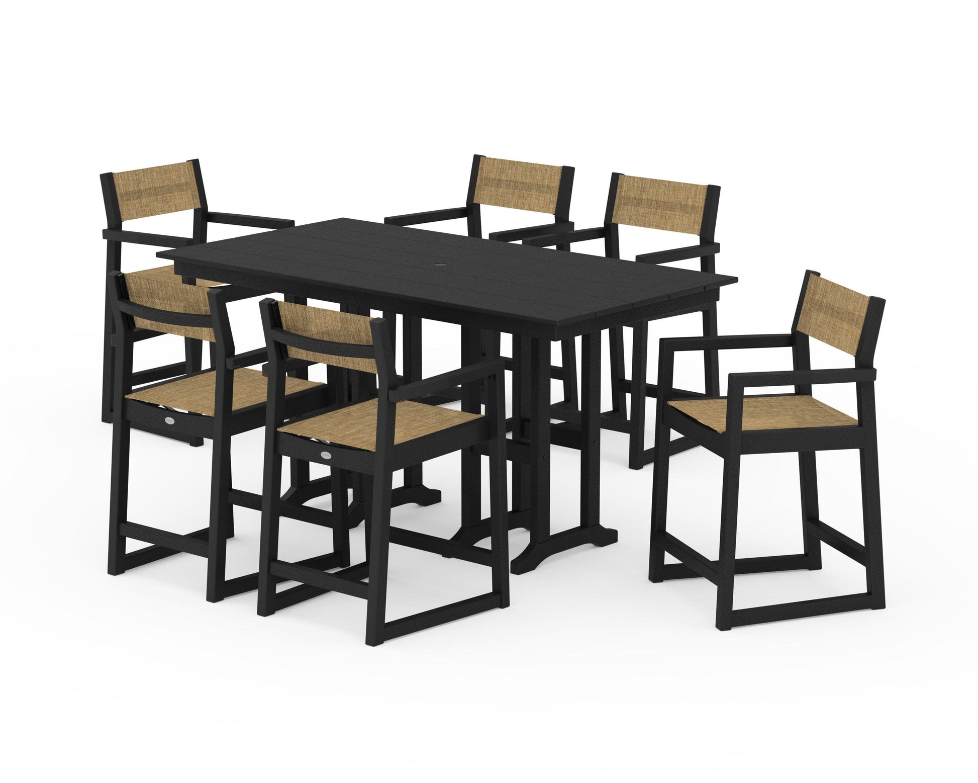 POLYWOOD EDGE Sling Arm Chair 7-Piece Farmhouse Counter Set — Black / Burlap Sling