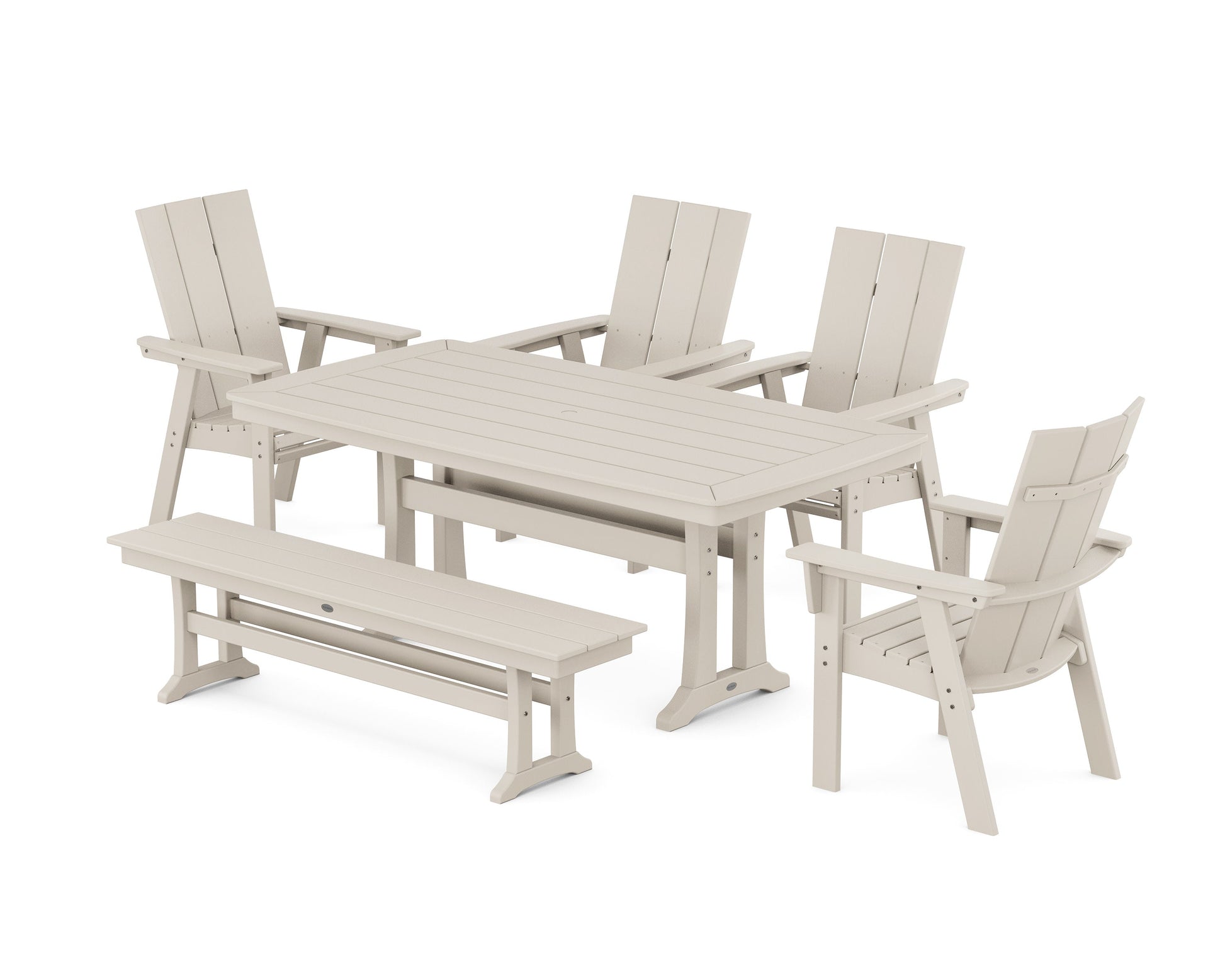 POLYWOOD Modern Curveback Adirondack 6-Piece Farmhouse Dining Set with Trestle Legs and Bench — Sand