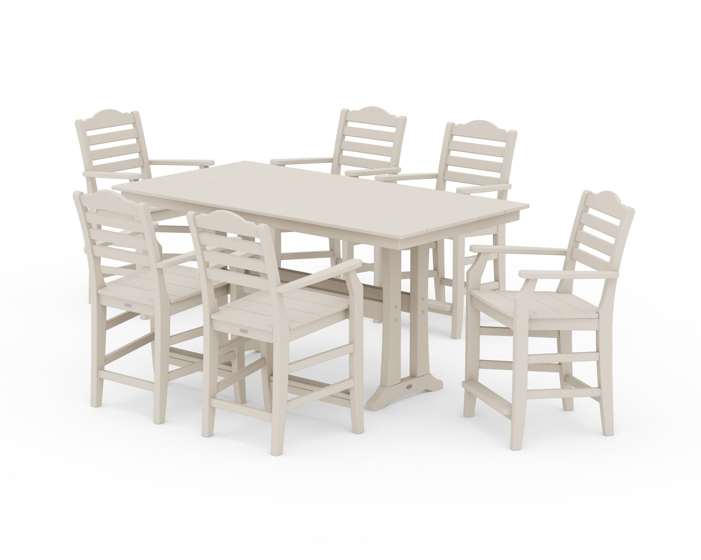 POLYWOOD Savannah Arm Chair 7-Piece Farmhouse Counter Set with Trestle Legs — Sand